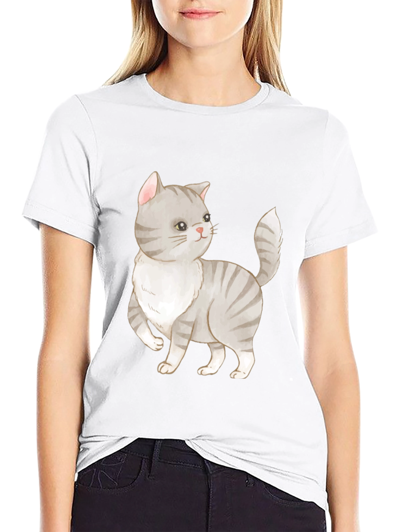 Cute Cat Graphic Tee - Black Cotton T-Shirt