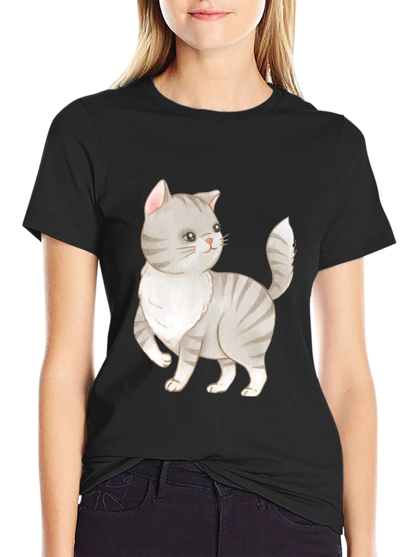 Cute Cat Graphic Tee - Black Cotton T-Shirt