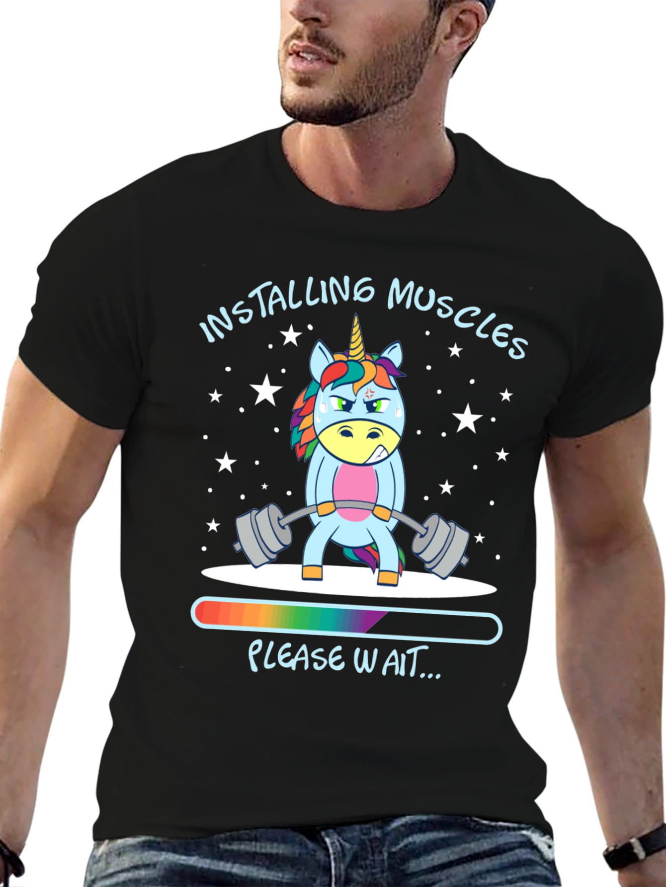 Installing Muscles Unicorn Black T-Shirt