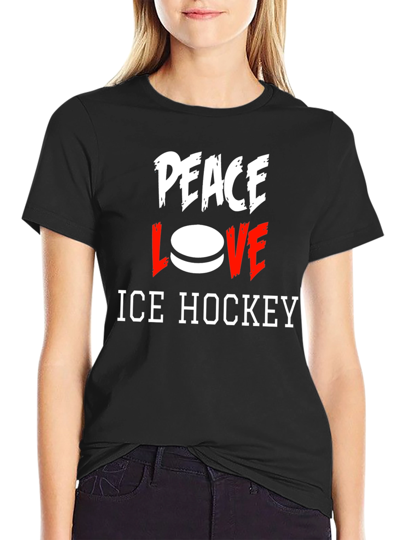 Peace Love Ice Hockey Graphic T-Shirt