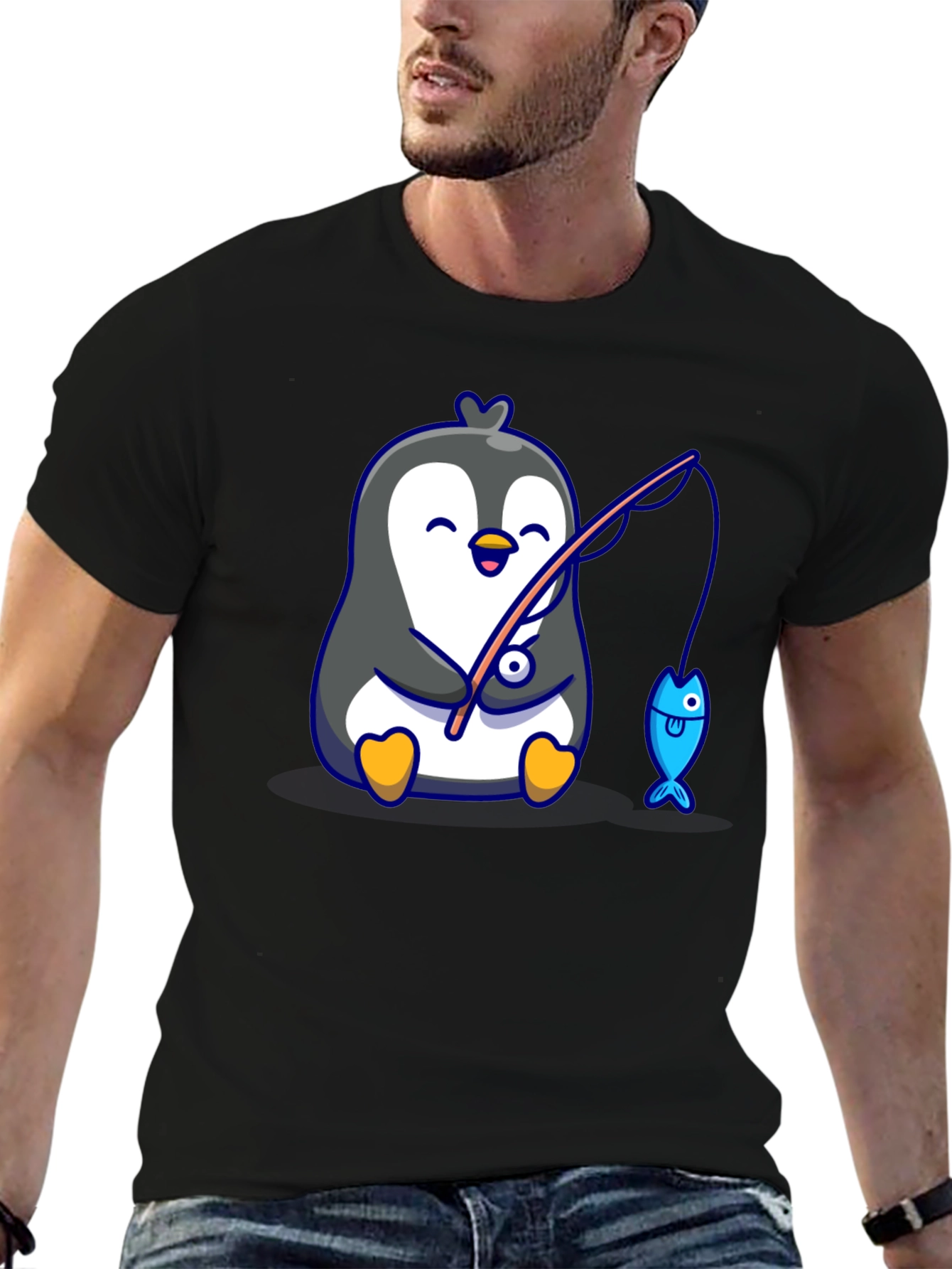 Cute Penguin Fishing Graphic T-Shirt