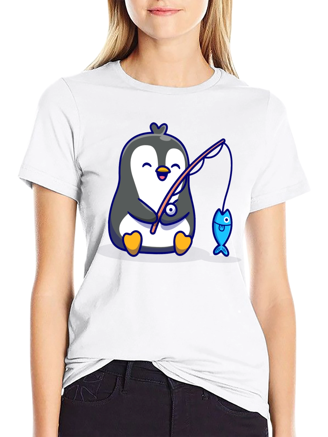 Cute Penguin Fishing Graphic T-Shirt