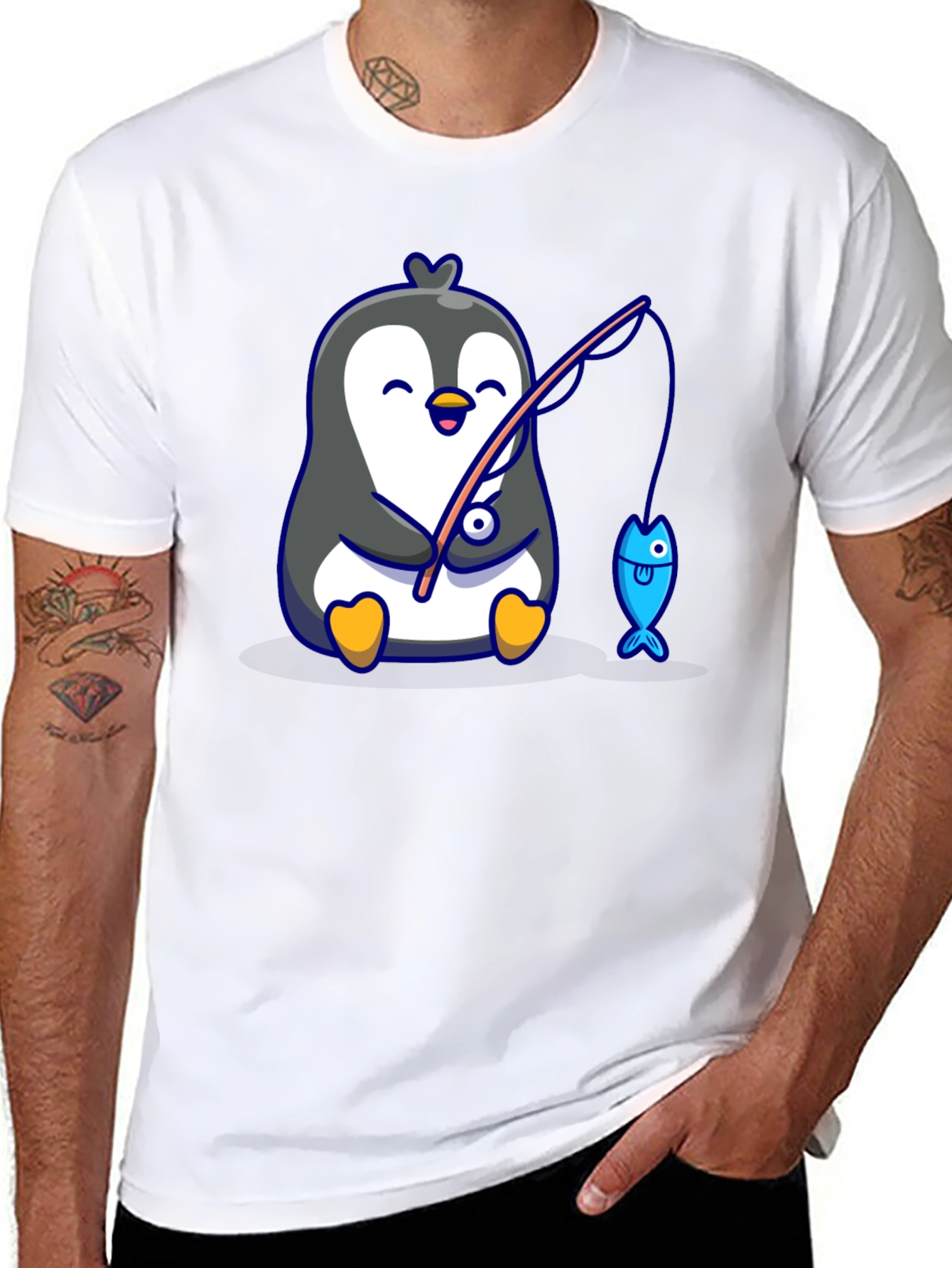 Cute Penguin Fishing Graphic T-Shirt