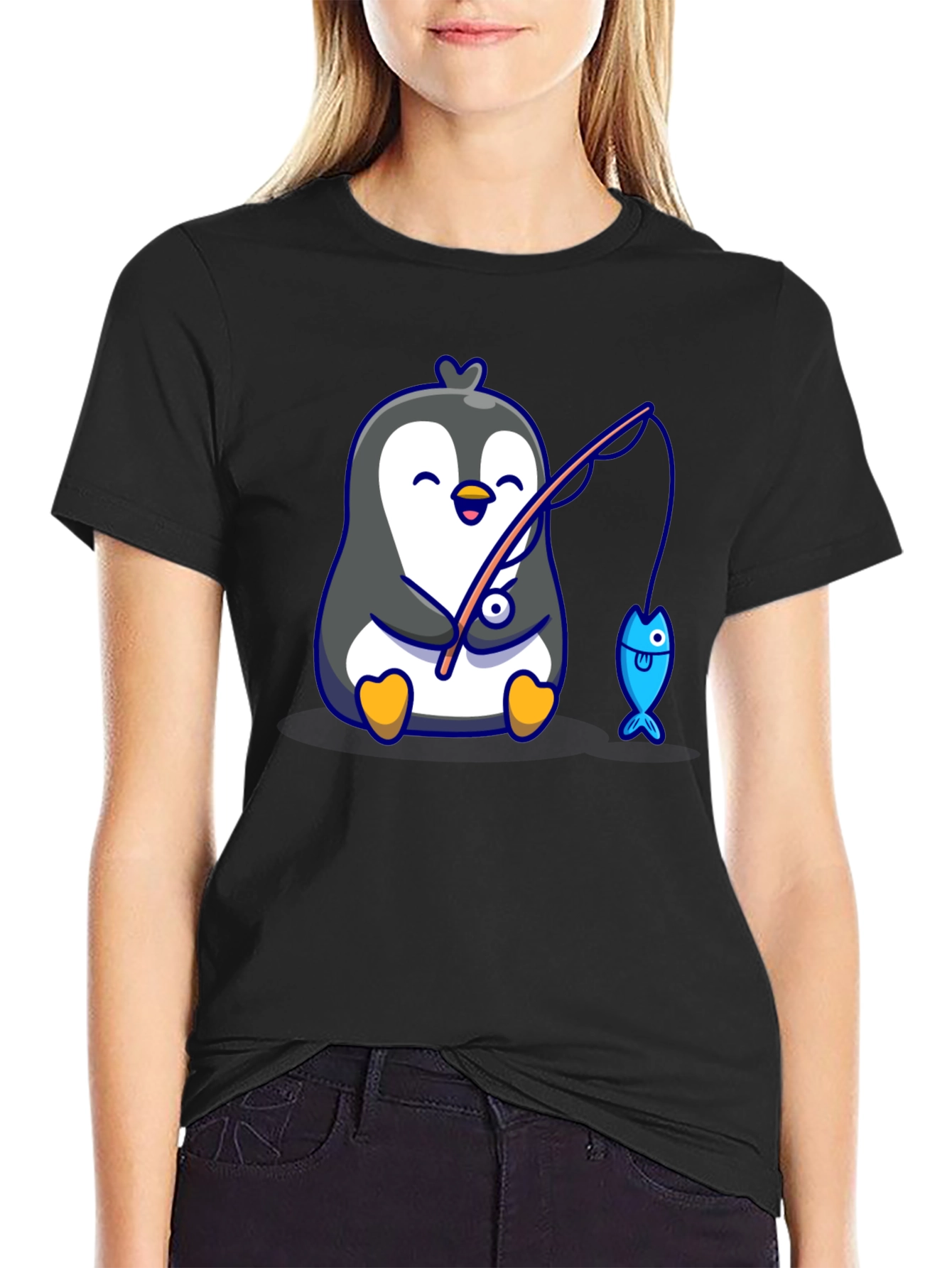 Cute Penguin Fishing Graphic T-Shirt