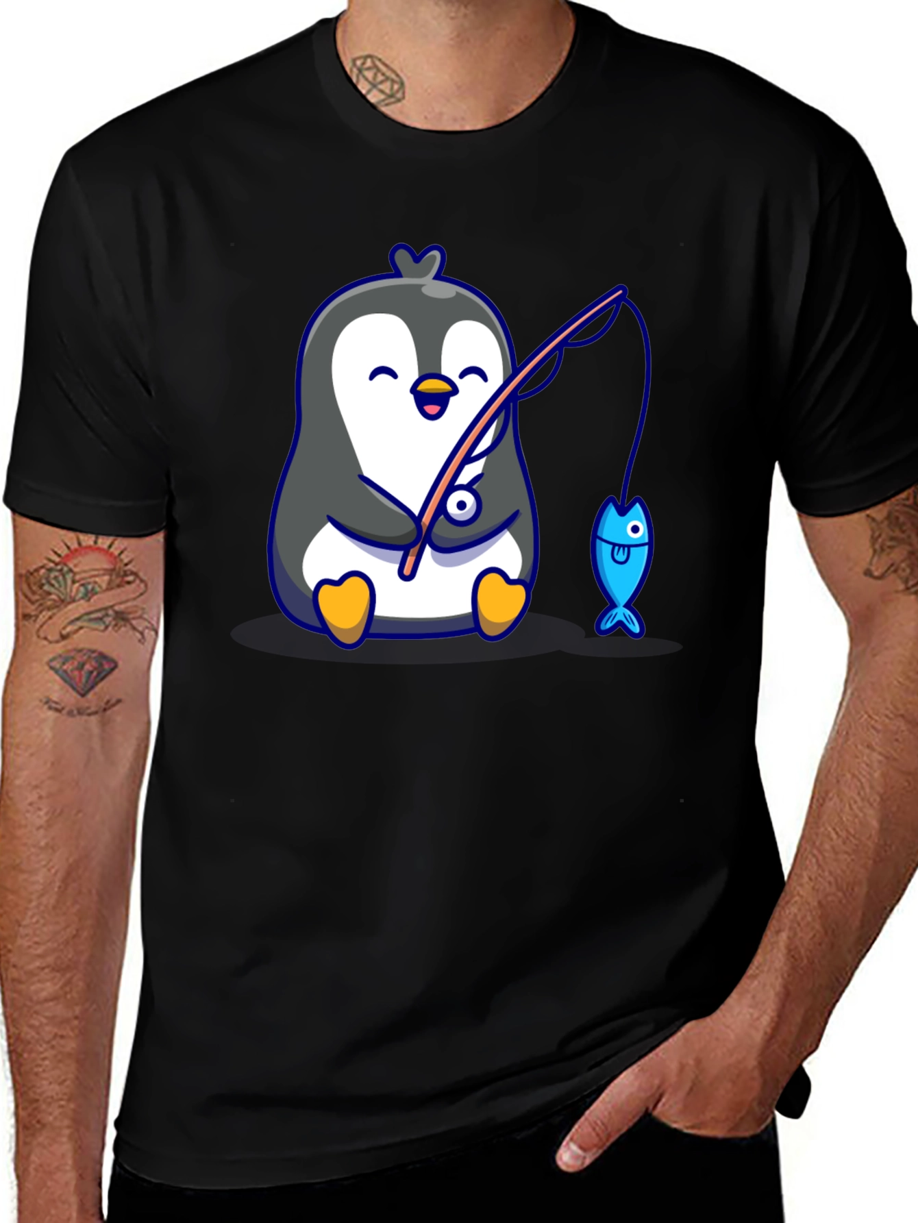 Cute Penguin Fishing Graphic T-Shirt