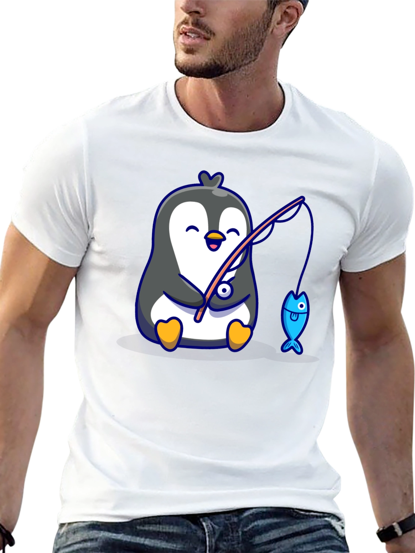Cute Penguin Fishing Graphic T-Shirt