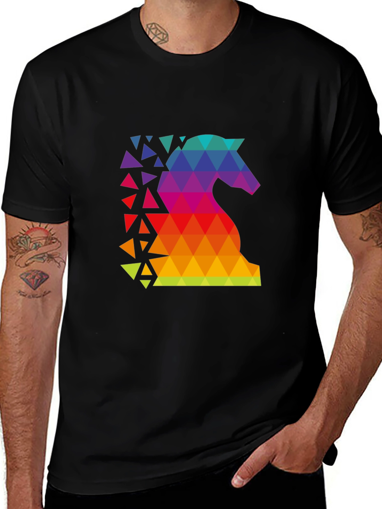 Geometric Rainbow Knight Graphic Tee - Chess Lover Shirt