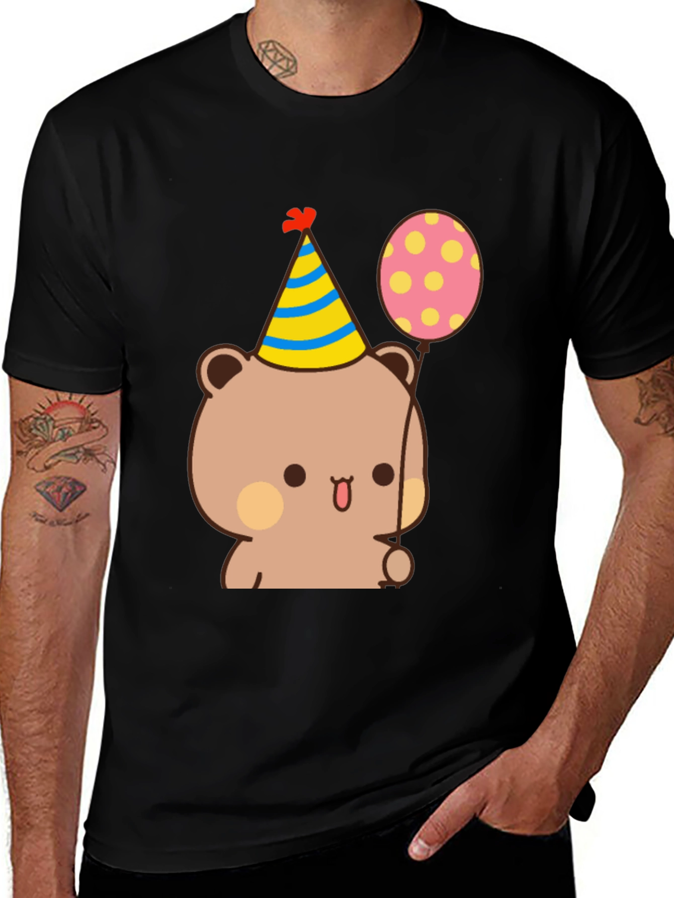 Cute Bear Birthday Tee - Black Cotton T-Shirt