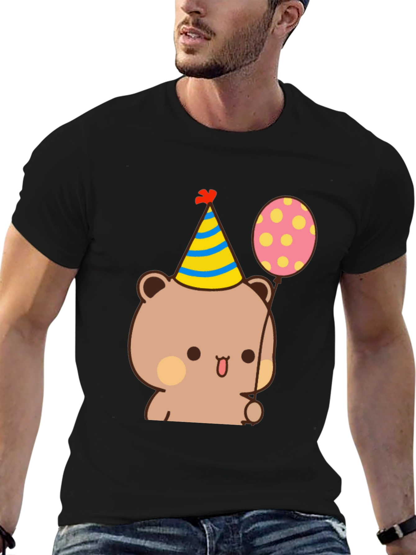 Cute Bear Birthday Tee - Black Cotton T-Shirt