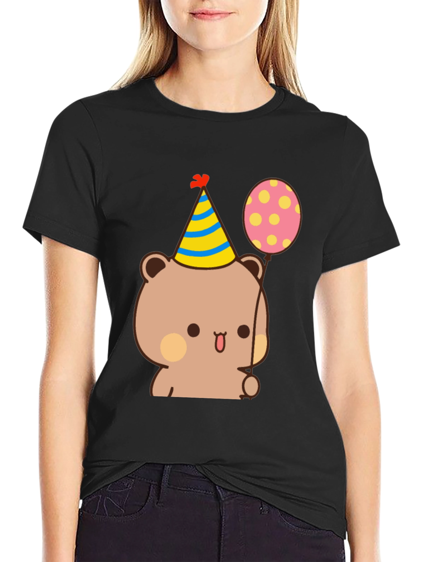 Cute Bear Birthday Tee - Black Cotton T-Shirt