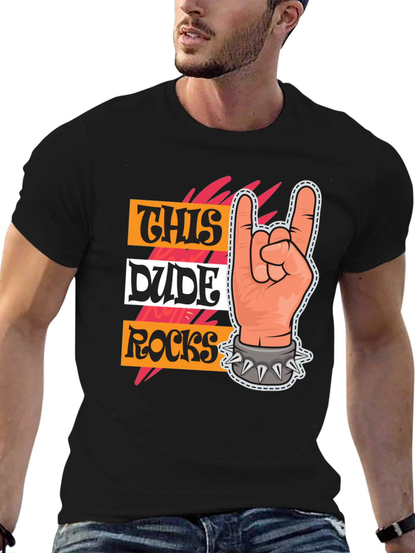 This Dude Rocks T-Shirt: Rock On Hand Graphic Tee