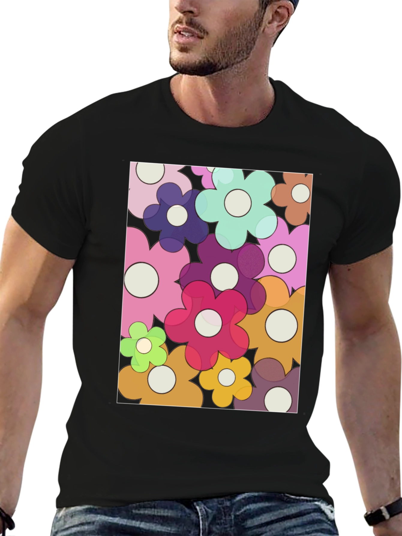 Retro Flower Power Graphic Tee - Black Cotton Blend