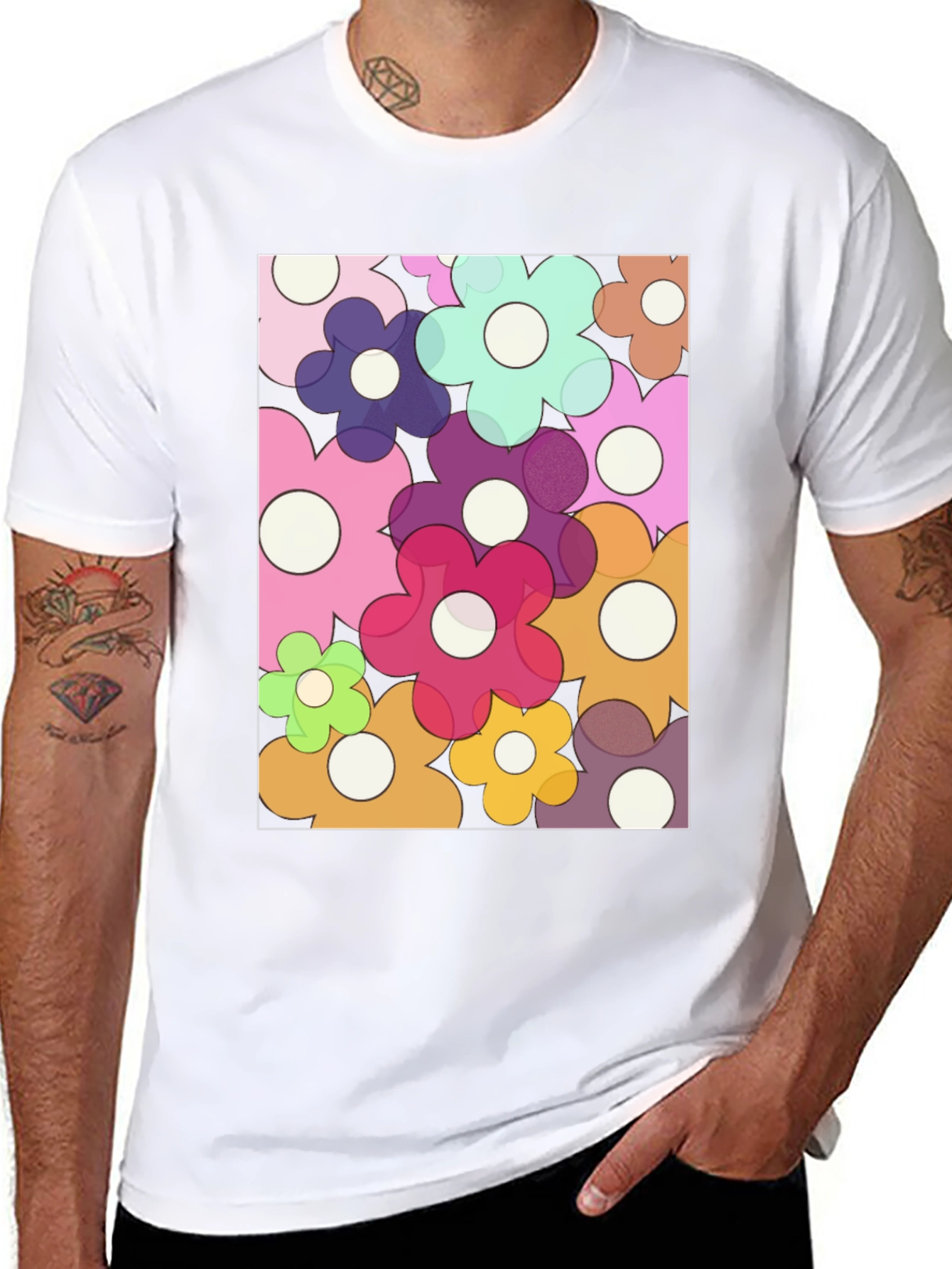 Retro Flower Power Graphic Tee - Black Cotton Blend