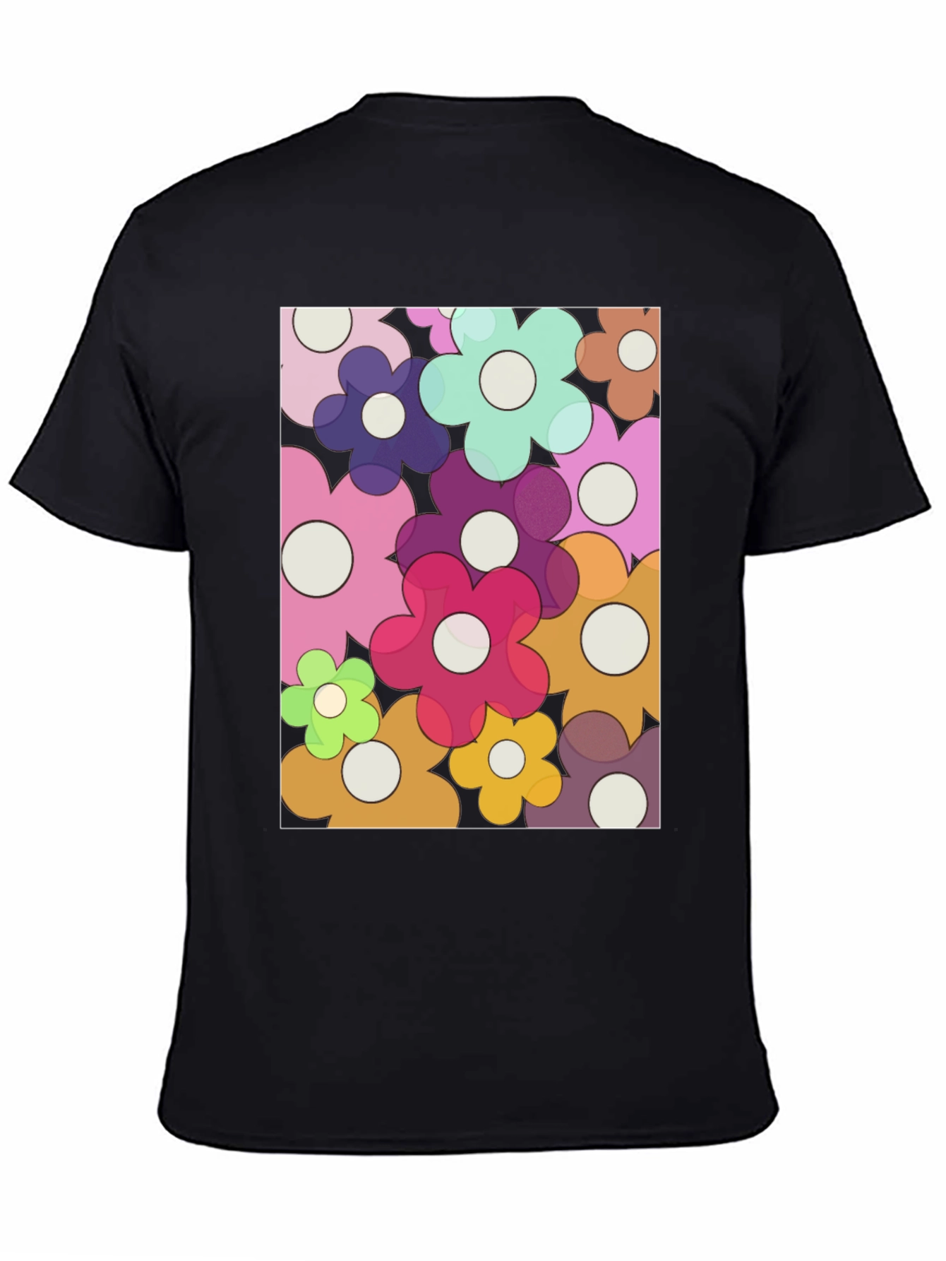 Retro Flower Power Graphic Tee - Black Cotton Blend