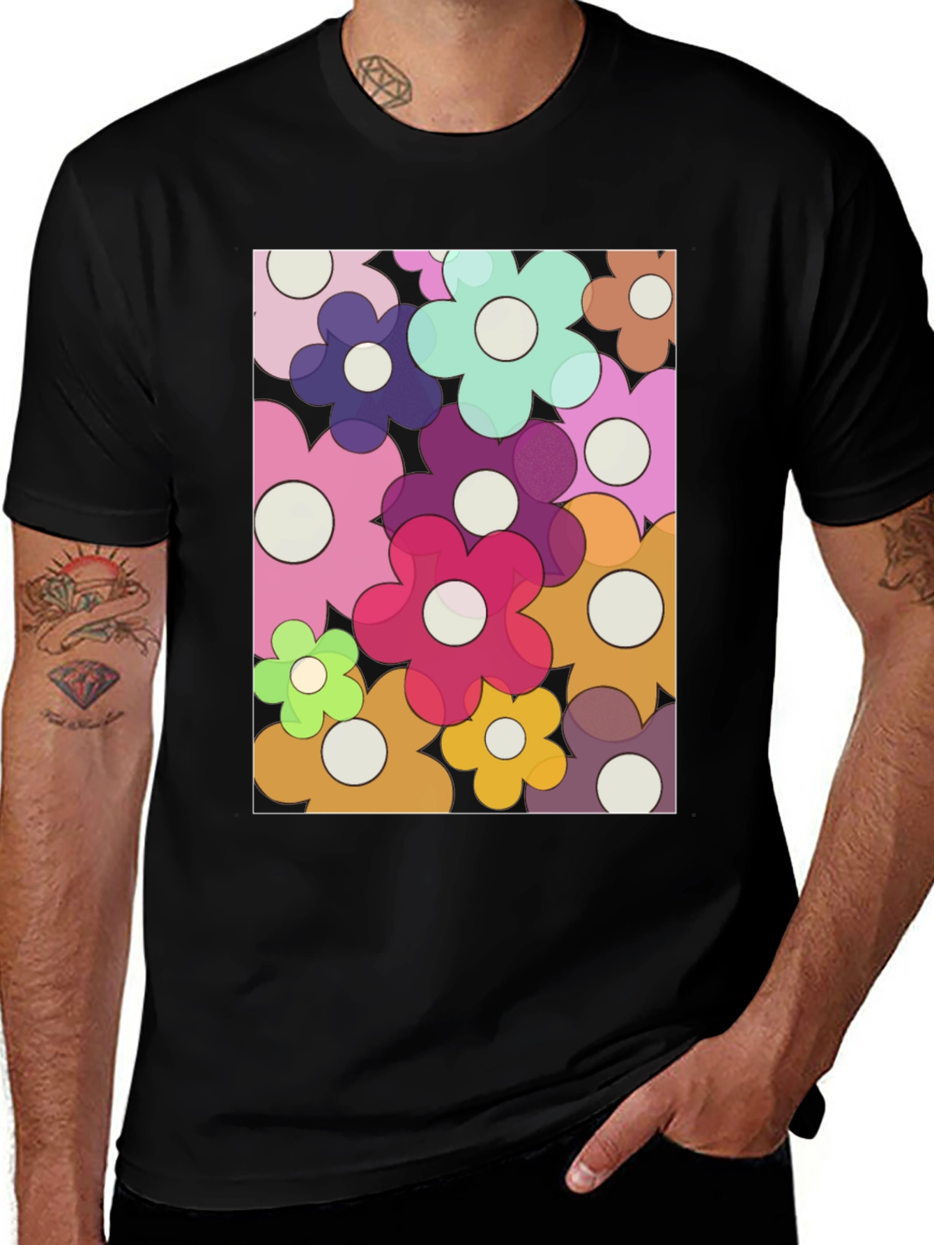 Retro Flower Power Graphic Tee - Black Cotton Blend