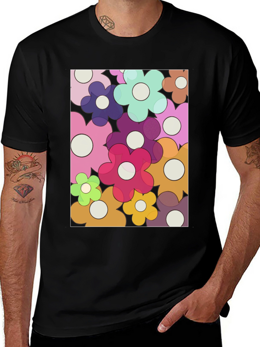 Retro Flower Power Graphic Tee - Black Cotton Blend