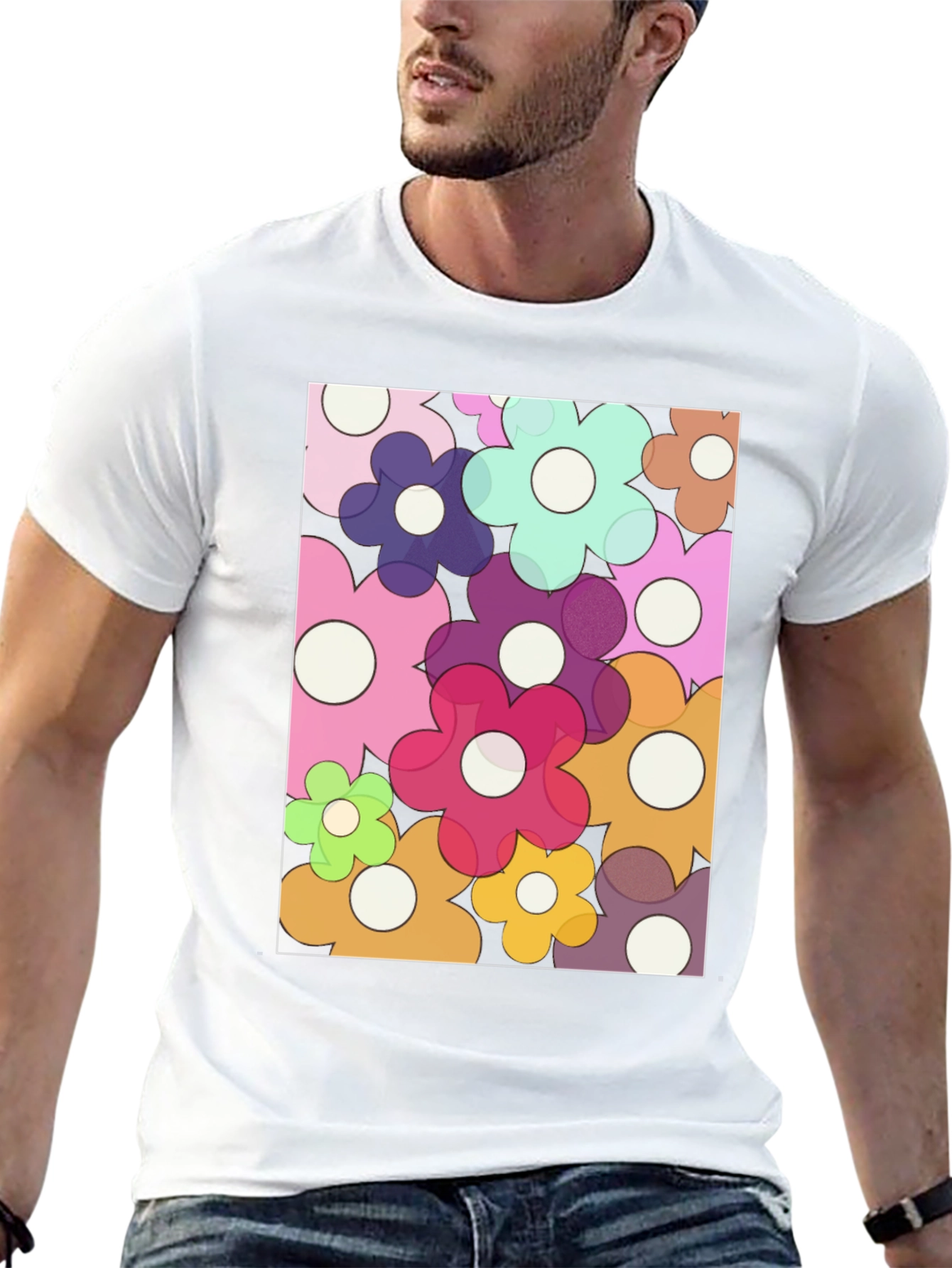 Retro Flower Power Graphic Tee - Black Cotton Blend