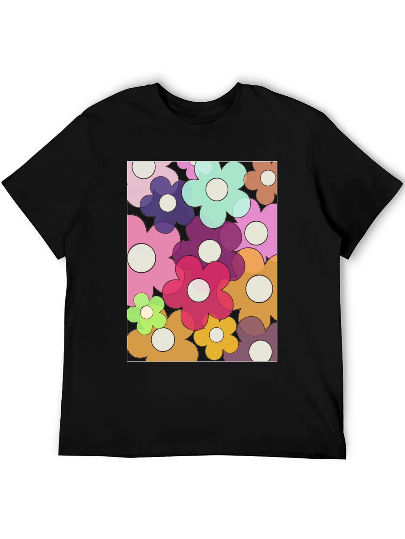 Retro Flower Power Graphic Tee - Black Cotton Blend