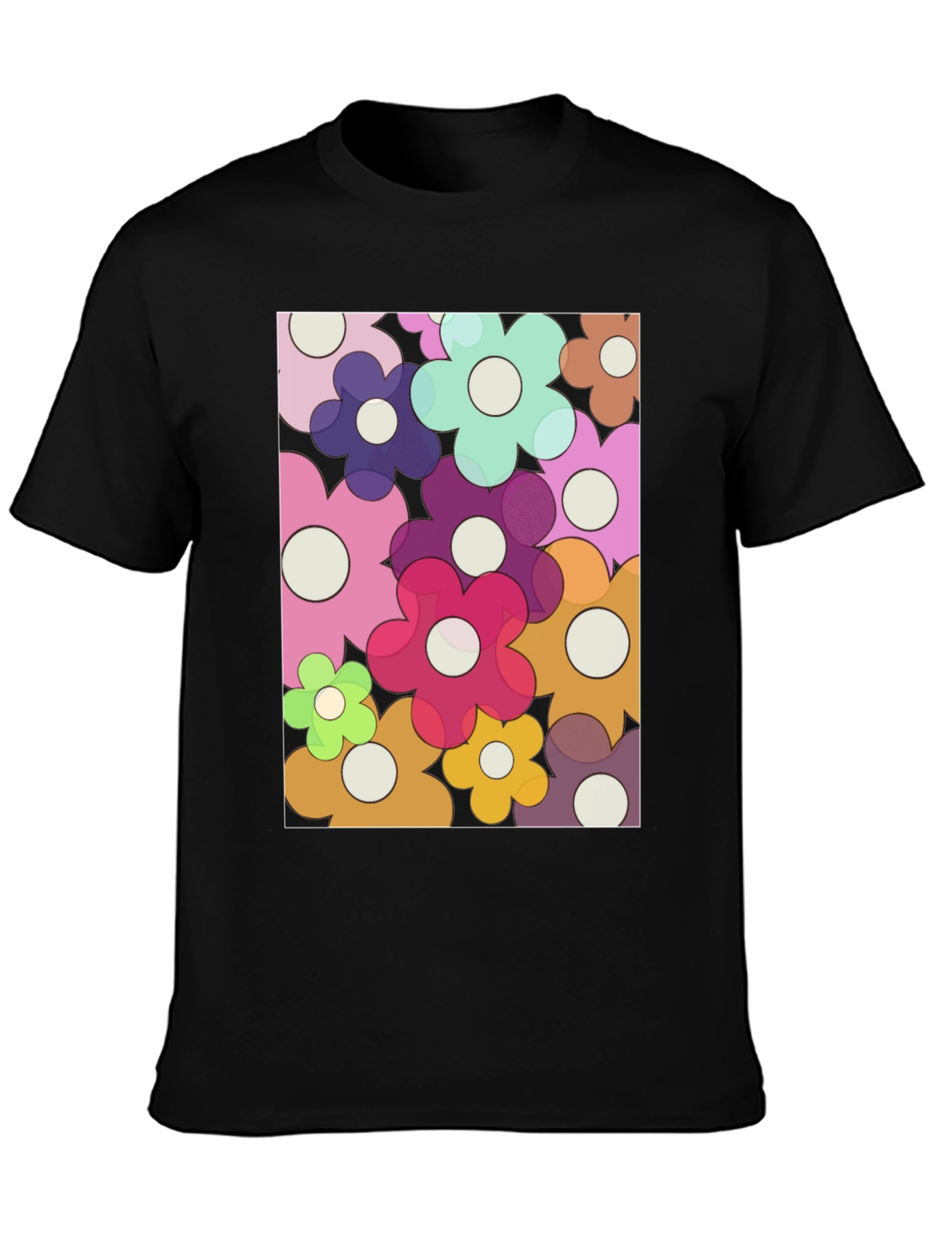 Retro Flower Power Graphic Tee - Black Cotton Blend