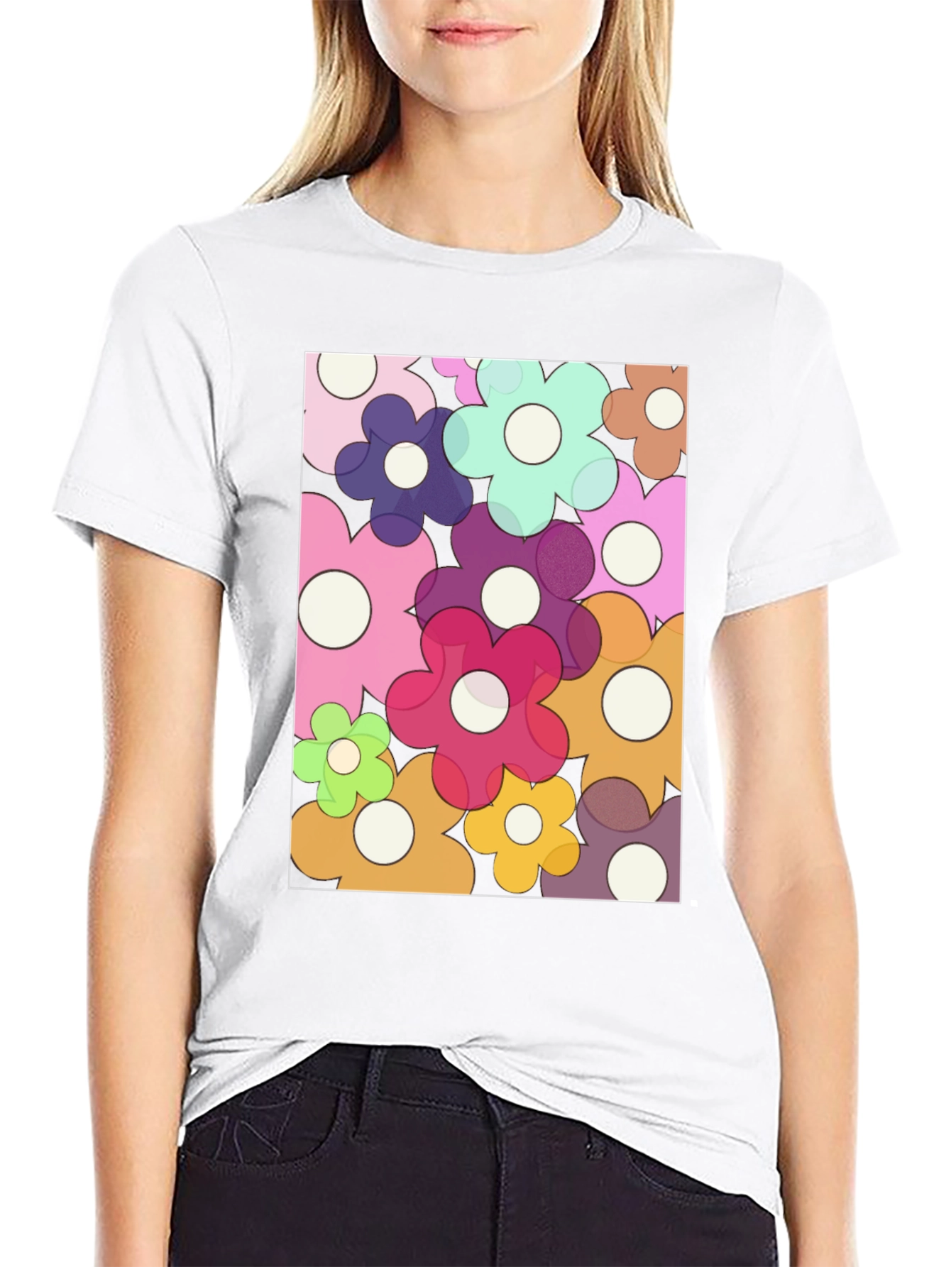 Retro Flower Power Graphic Tee - Black Cotton Blend