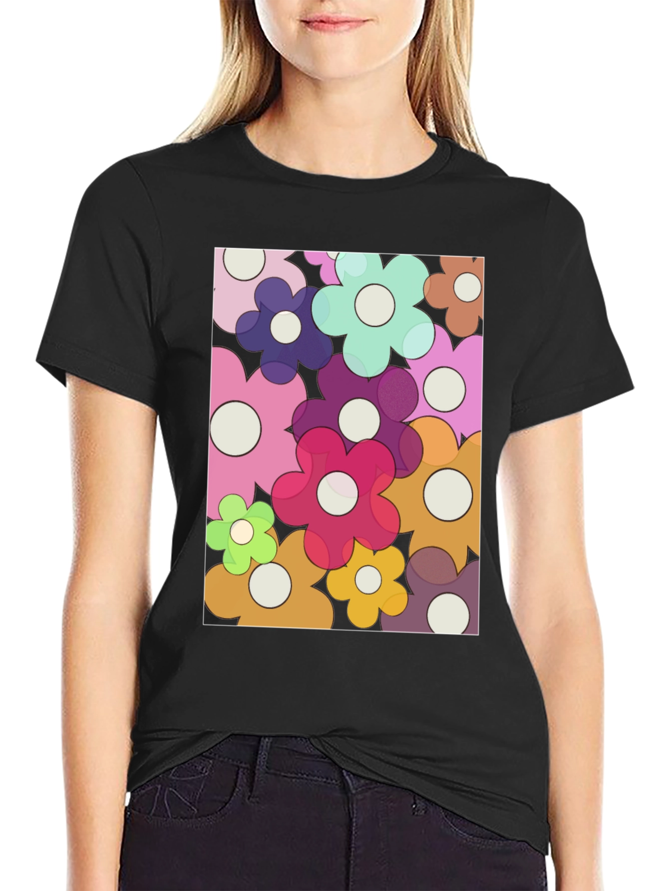 Retro Flower Power Graphic Tee - Black Cotton Blend