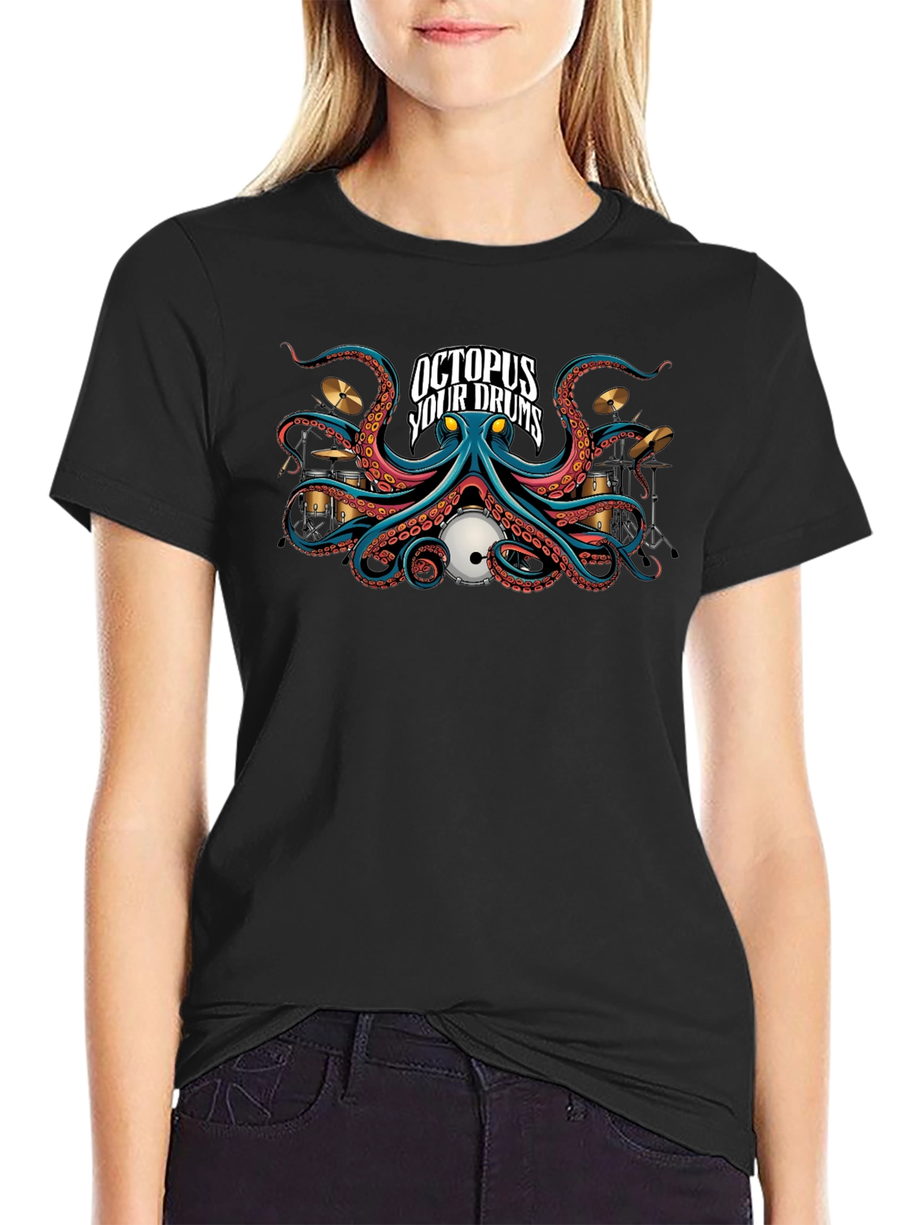 Octopus Your Drums Graphic Black T-Shirt