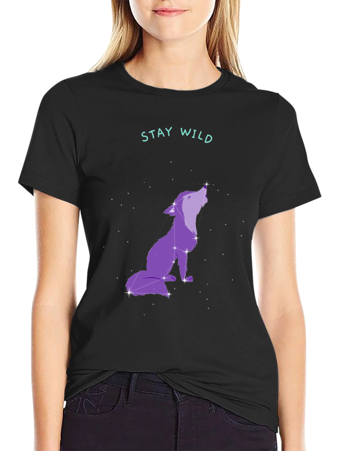 Stay Wild Wolf Constellation Graphic Tee - Black