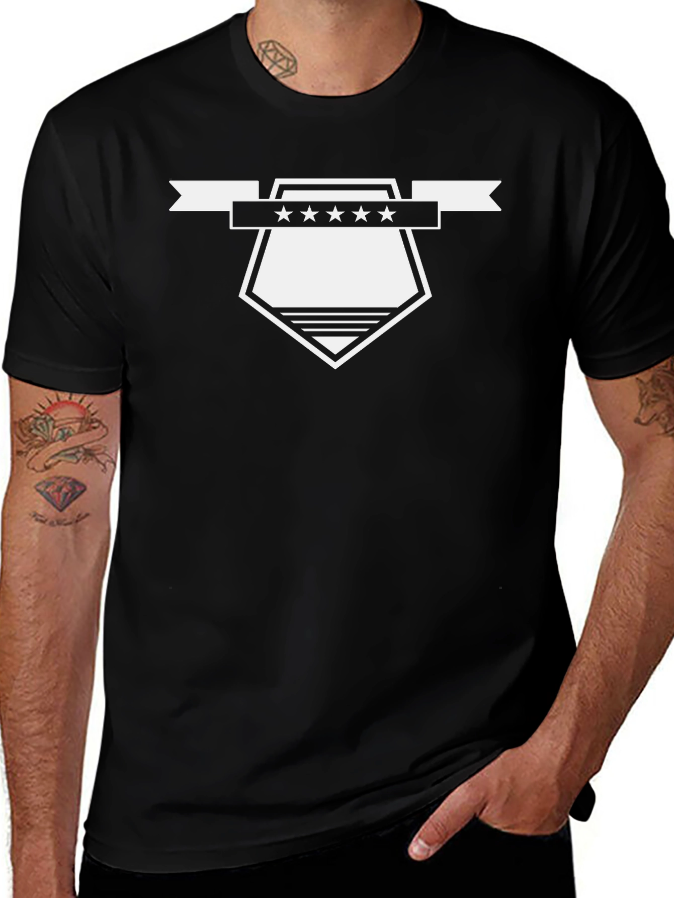 Mens Black Graphic Tee - Shield & Stars Design