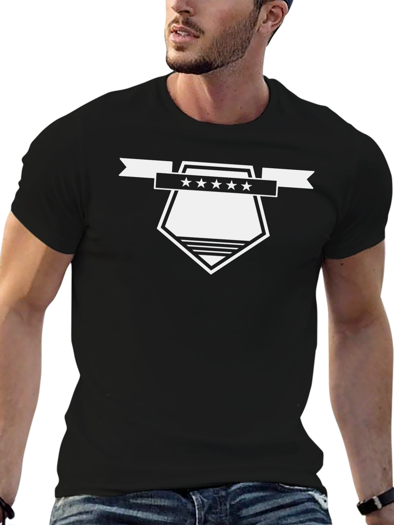 Mens Black Graphic Tee - Shield & Stars Design