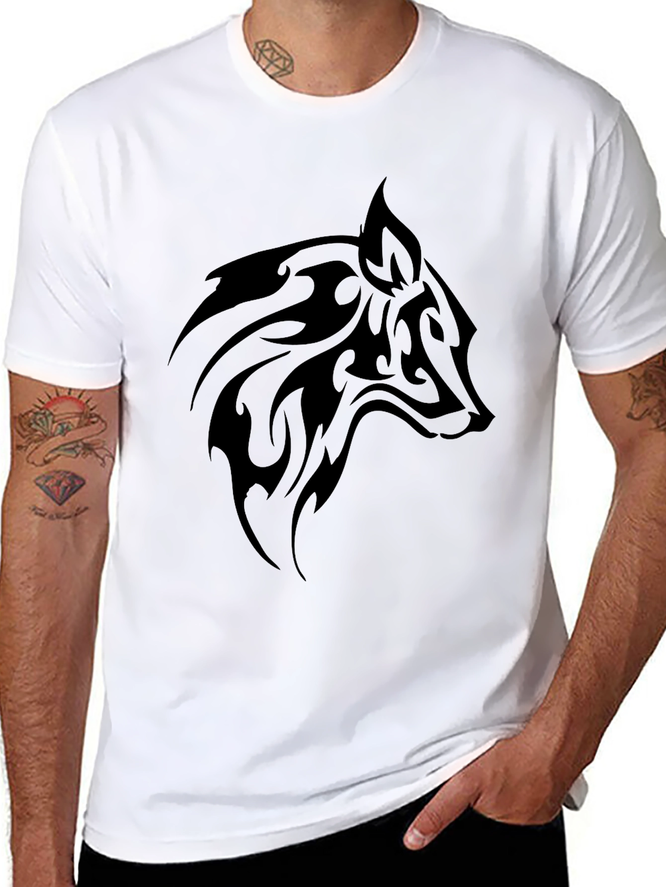 Mens Black T-Shirt with Tribal Wolf Design
