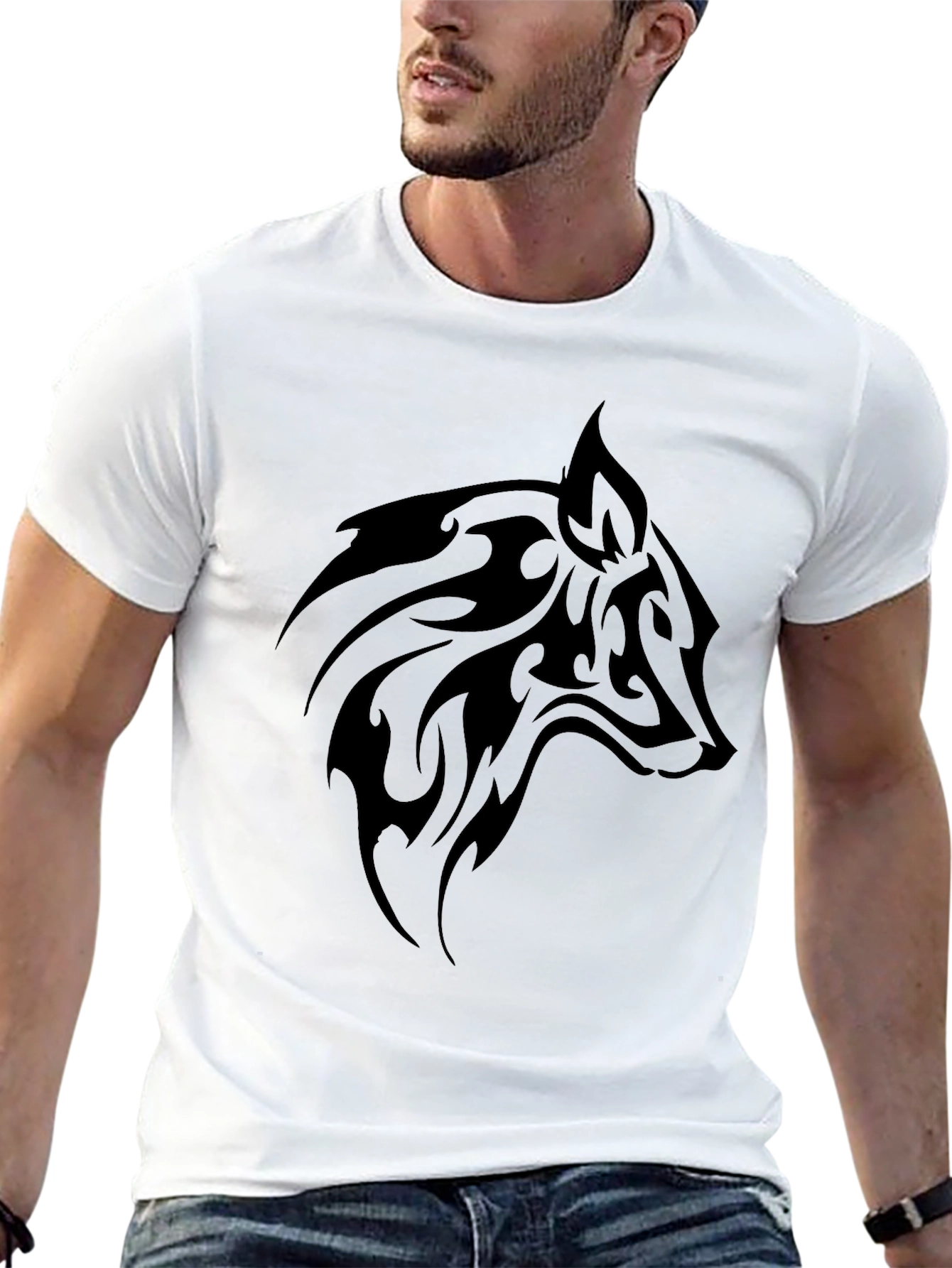Mens Black T-Shirt with Tribal Wolf Design