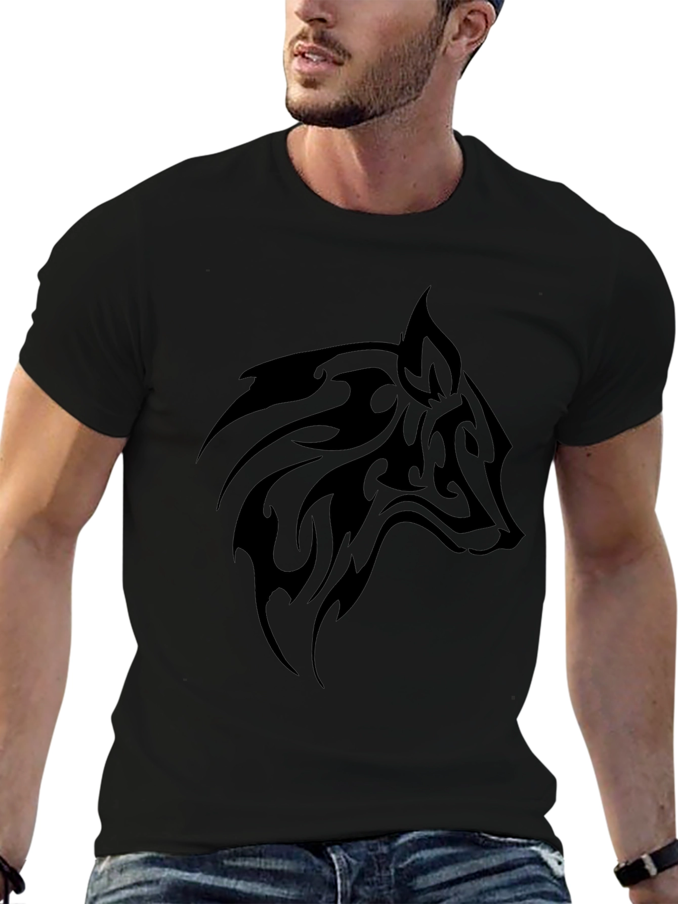 Mens Black T-Shirt with Tribal Wolf Design