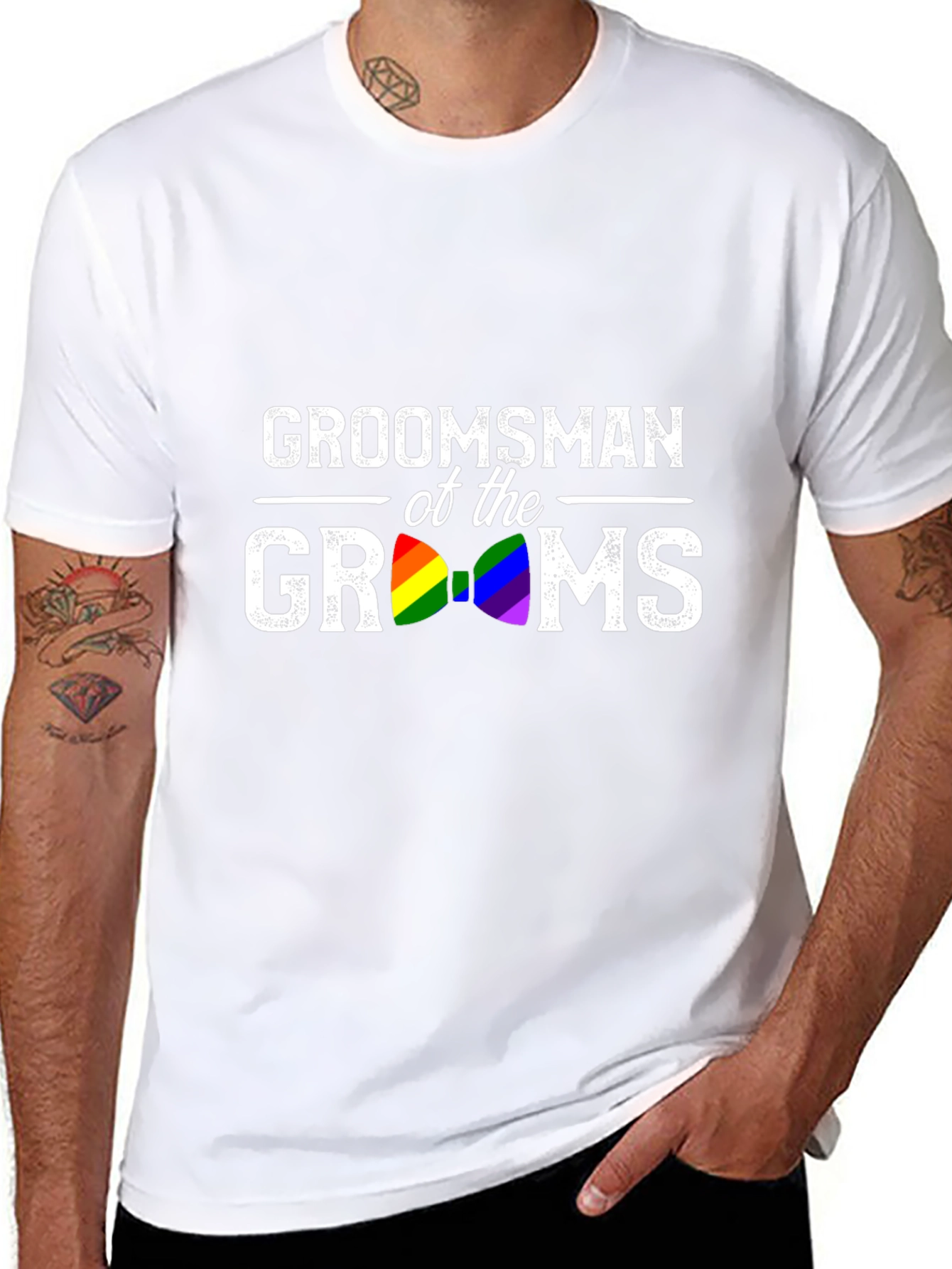 Groomsman of the Grooms Rainbow Bow Tie T-Shirt