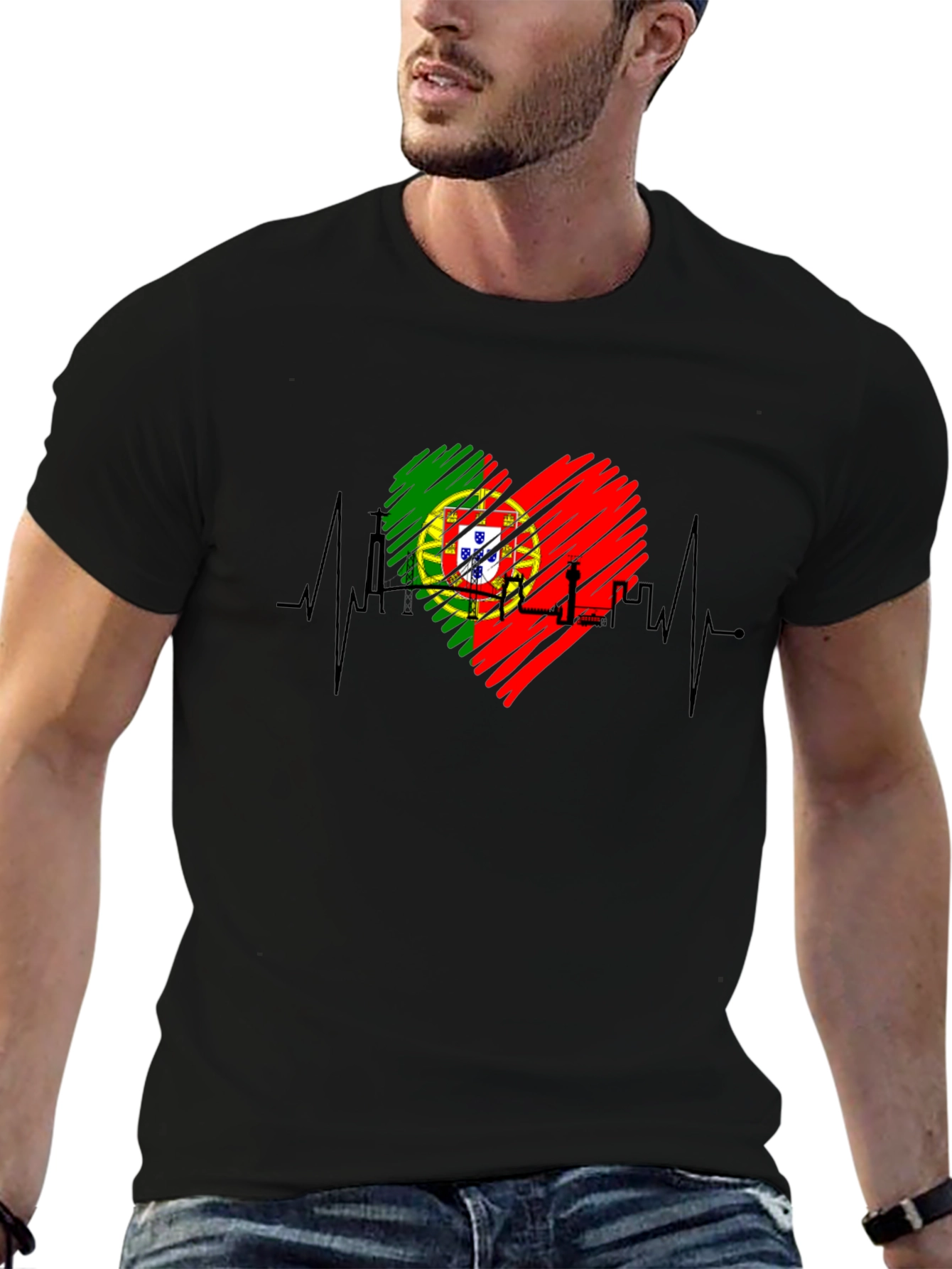 Portugal Heartbeat Flag T-Shirt - Black Tee