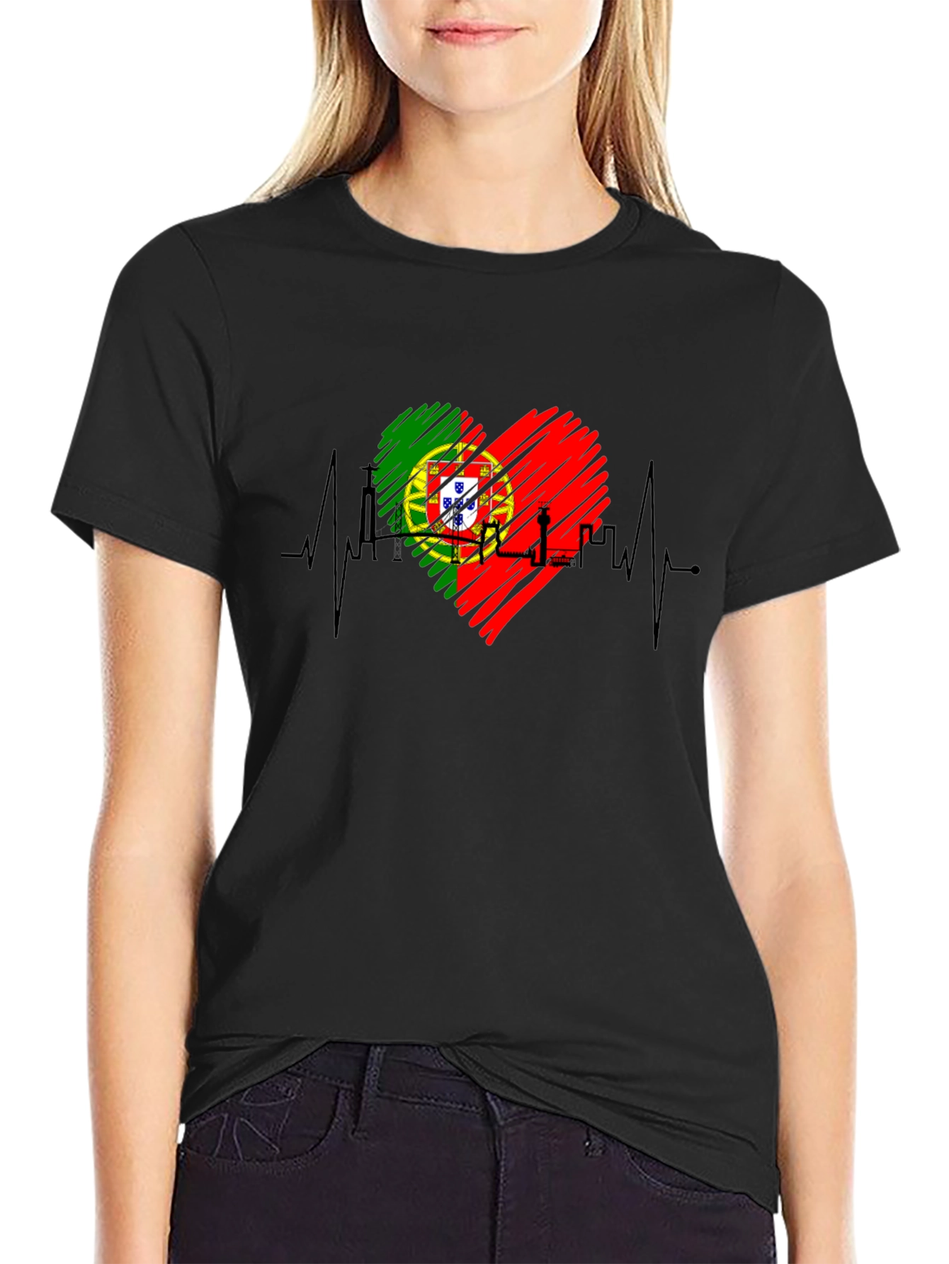 Portugal Heartbeat Flag T-Shirt - Black Tee