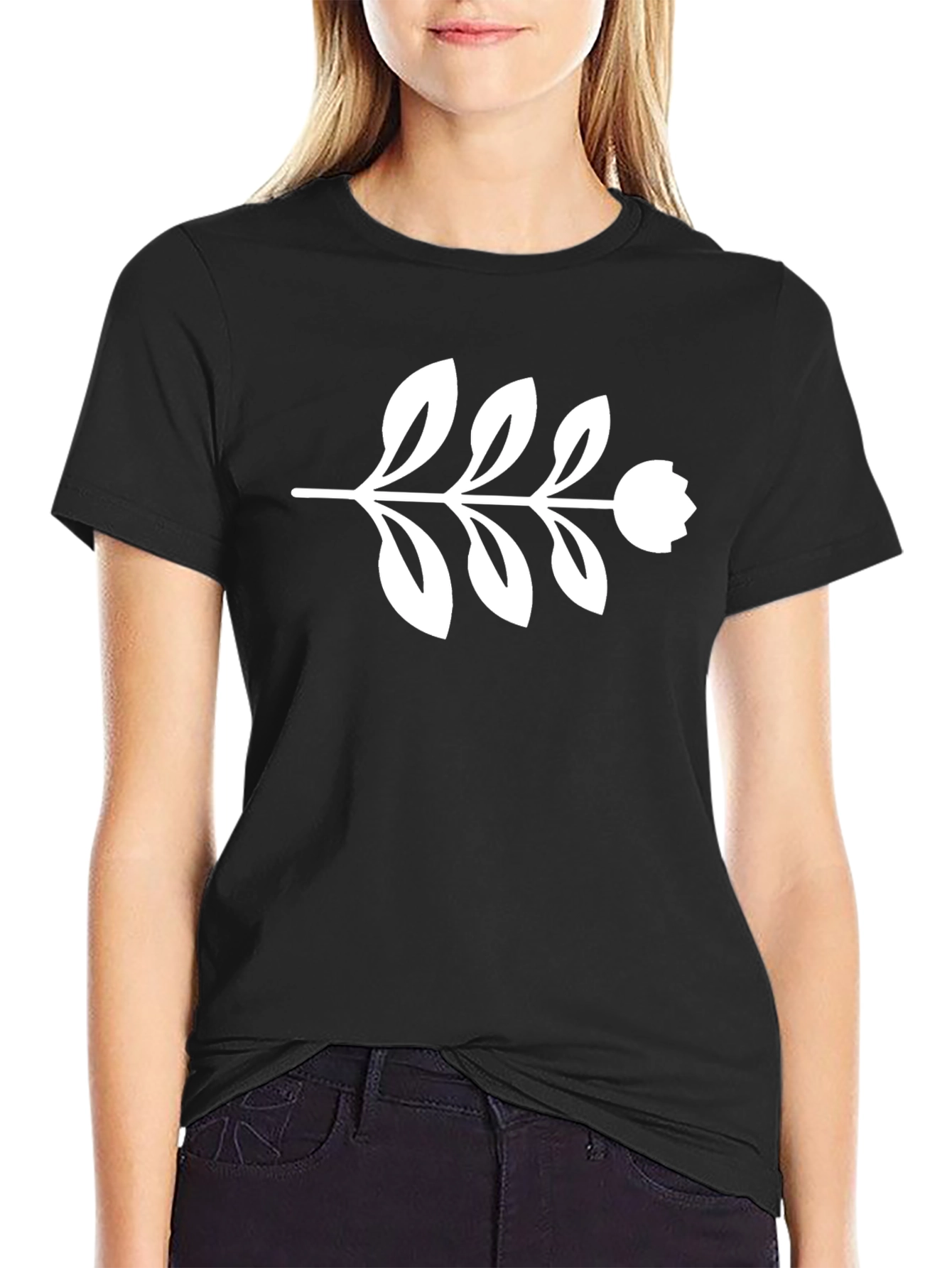 Black T-Shirt with Floral Branch Design