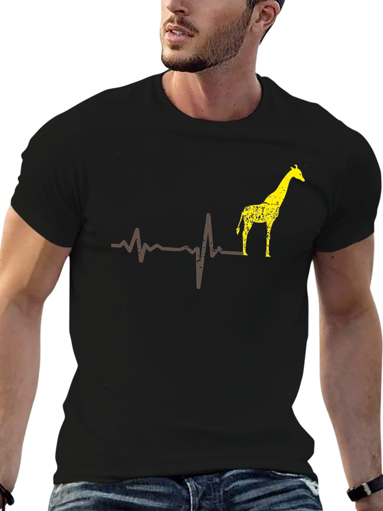 Giraffe Heartbeat T-Shirt - Mens Black Graphic Tee