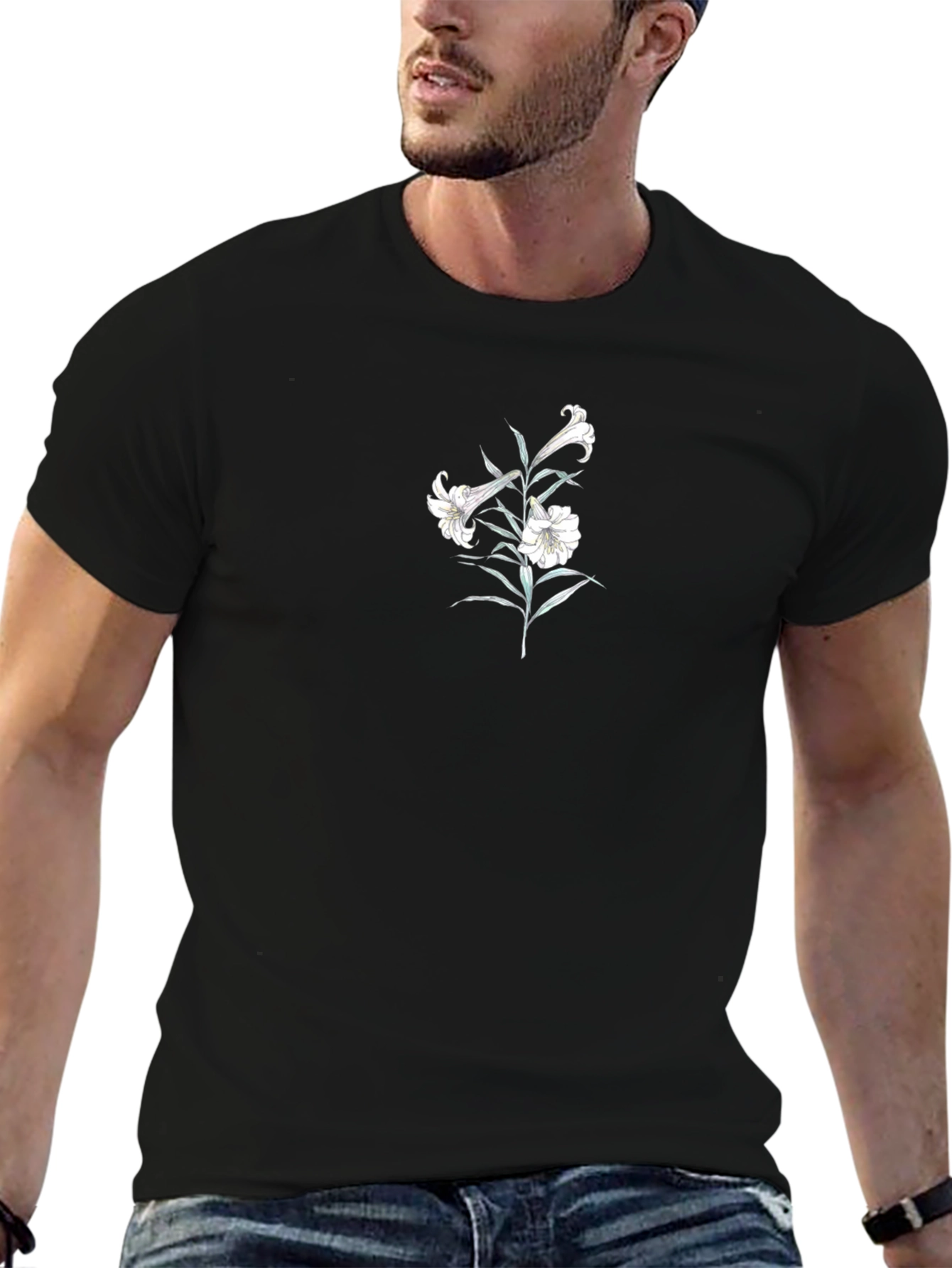 Black Tee with Floral Lily Design