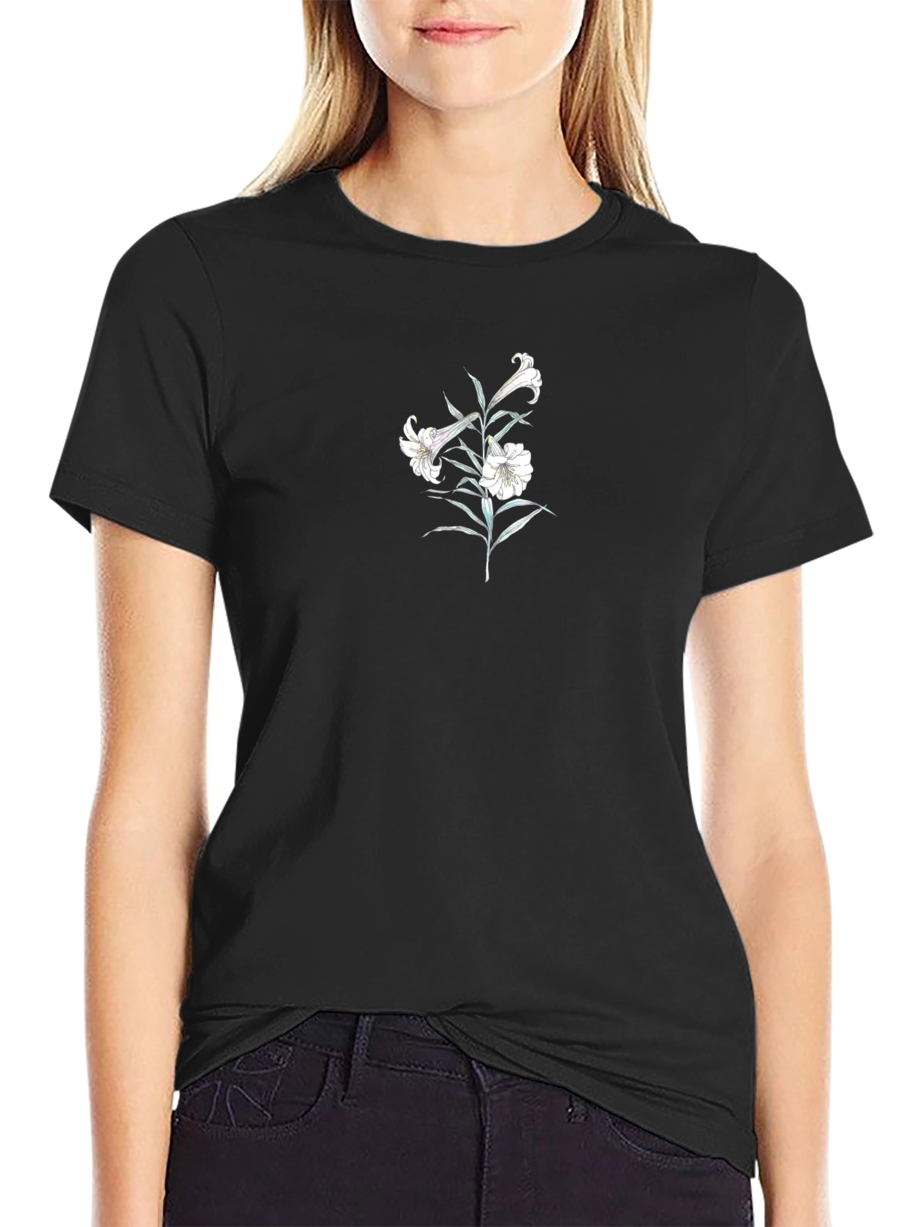 Black Tee with Floral Lily Design