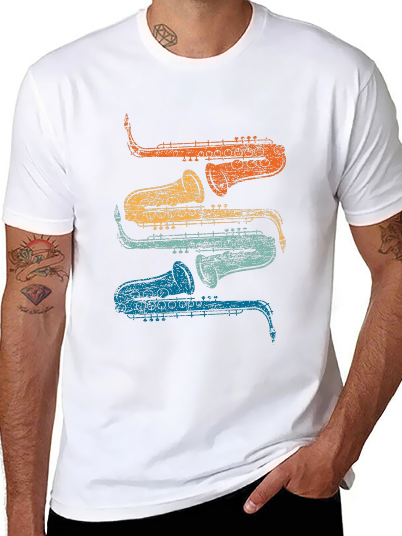 Retro Saxophone Stacked T-Shirt - Cool Musician Tee