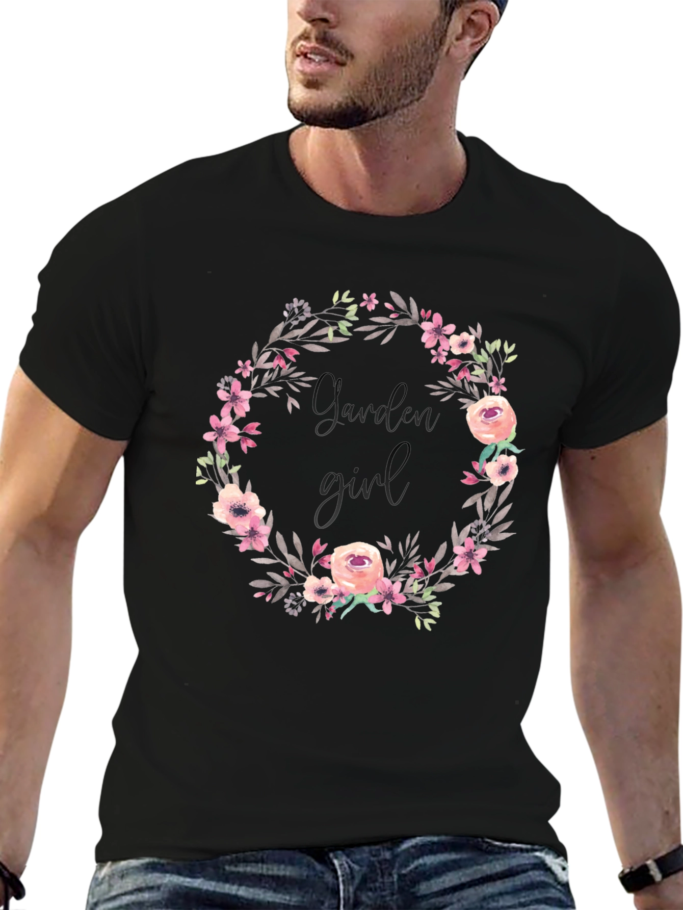 Garden Girl Floral Wreath Black T-Shirt