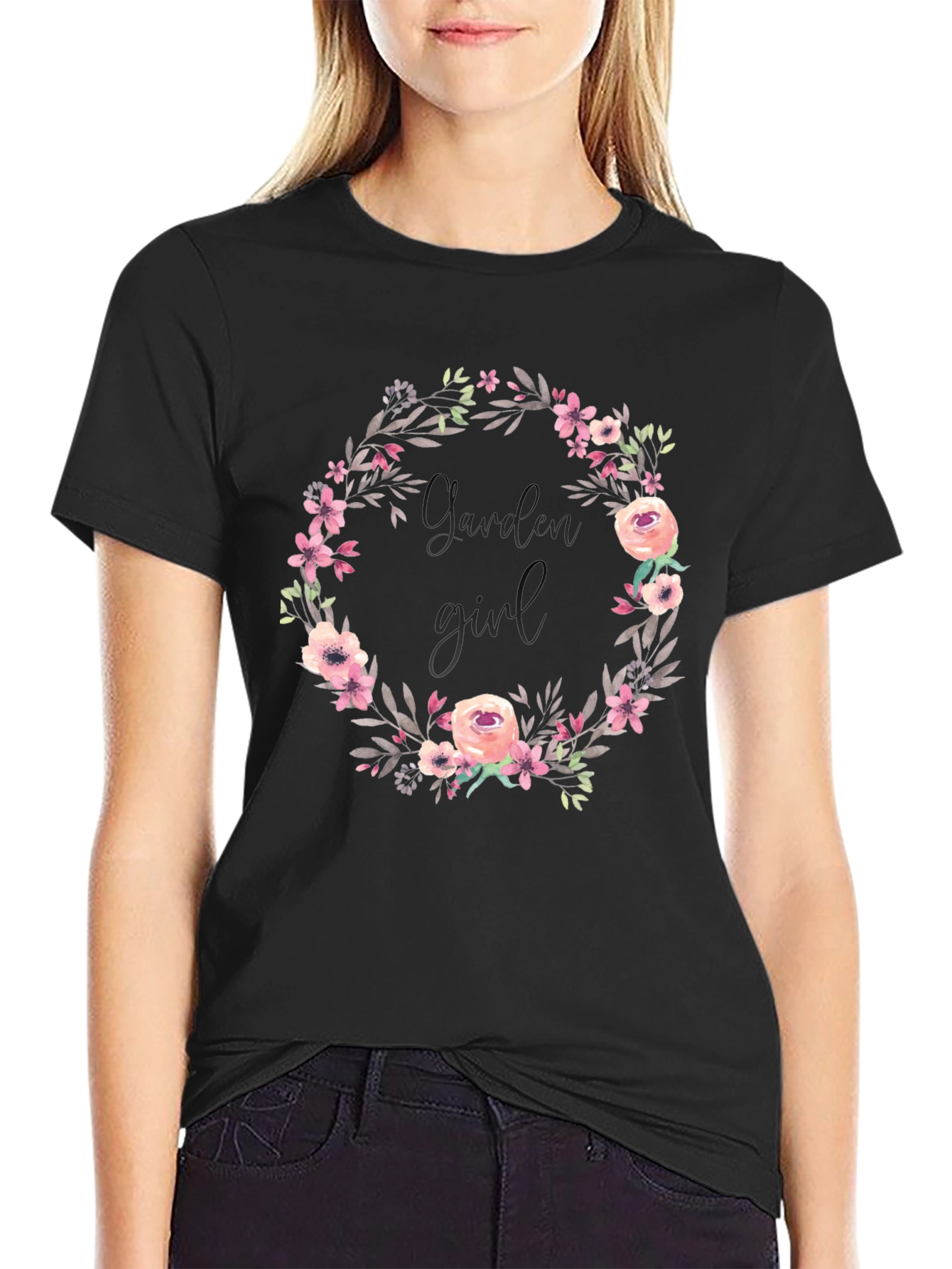 Garden Girl Floral Wreath Black T-Shirt