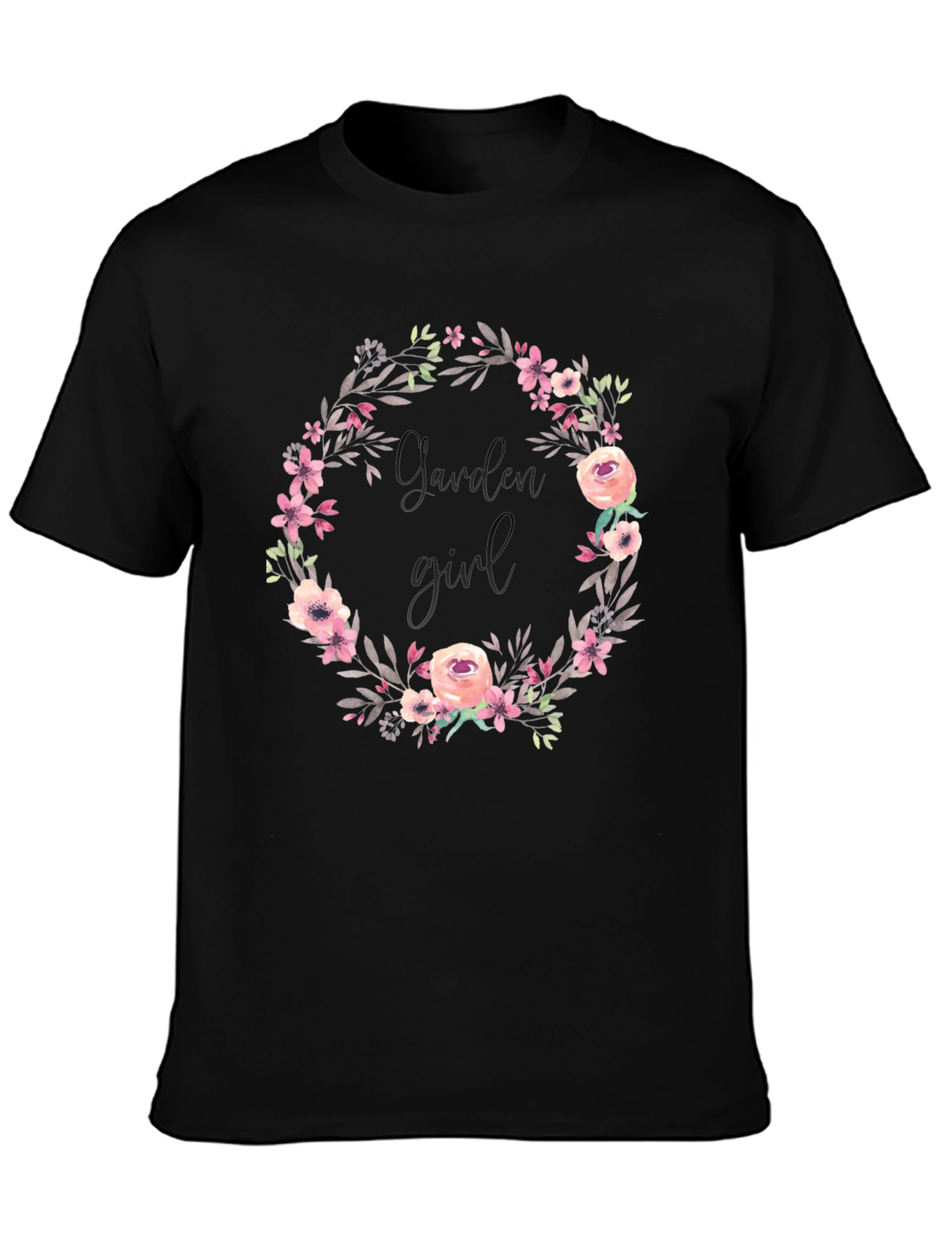 Garden Girl Floral Wreath Black T-Shirt