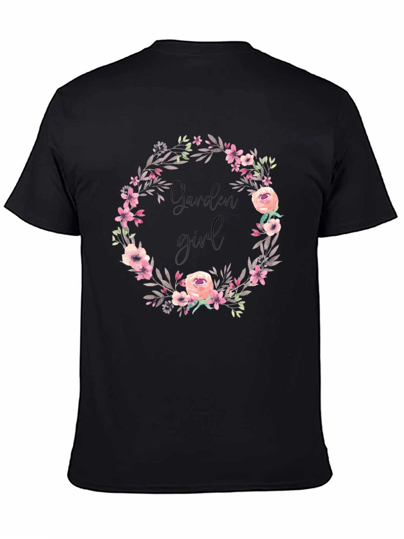 Garden Girl Floral Wreath Black T-Shirt