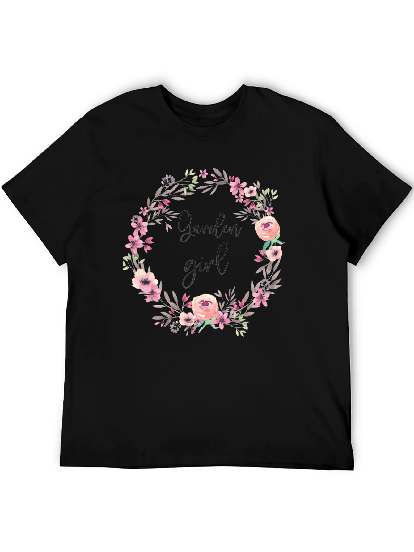 Garden Girl Floral Wreath Black T-Shirt