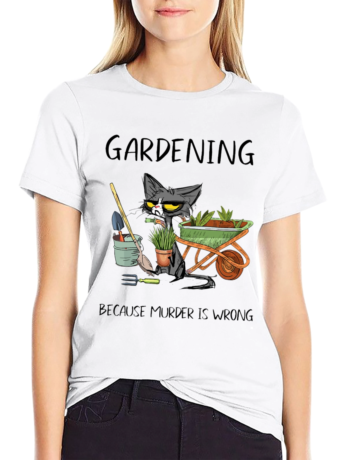 Gardening Cat Graphic T-Shirt - Murder Is Wrong