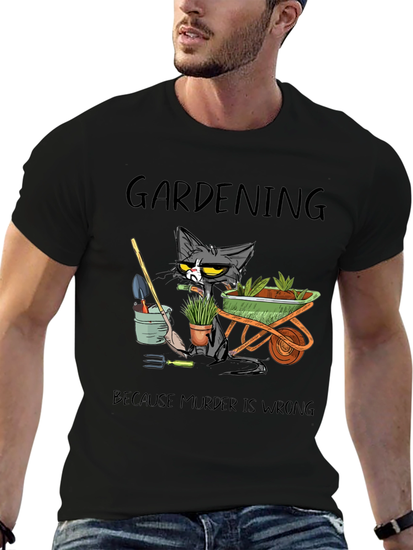 Gardening Cat Graphic T-Shirt - Murder Is Wrong
