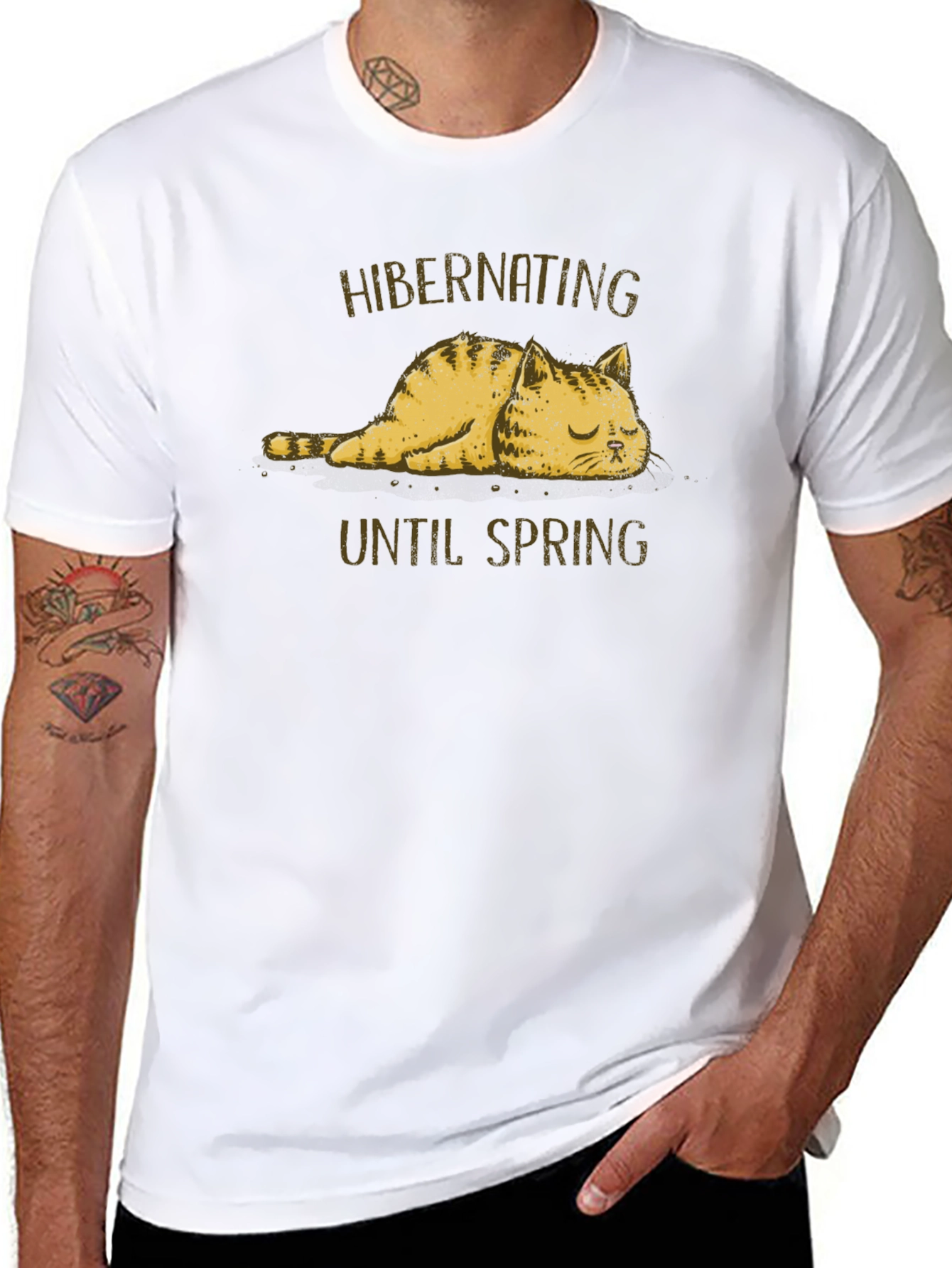 Hibernating Cat Graphic T-Shirt - Funny Spring Tee