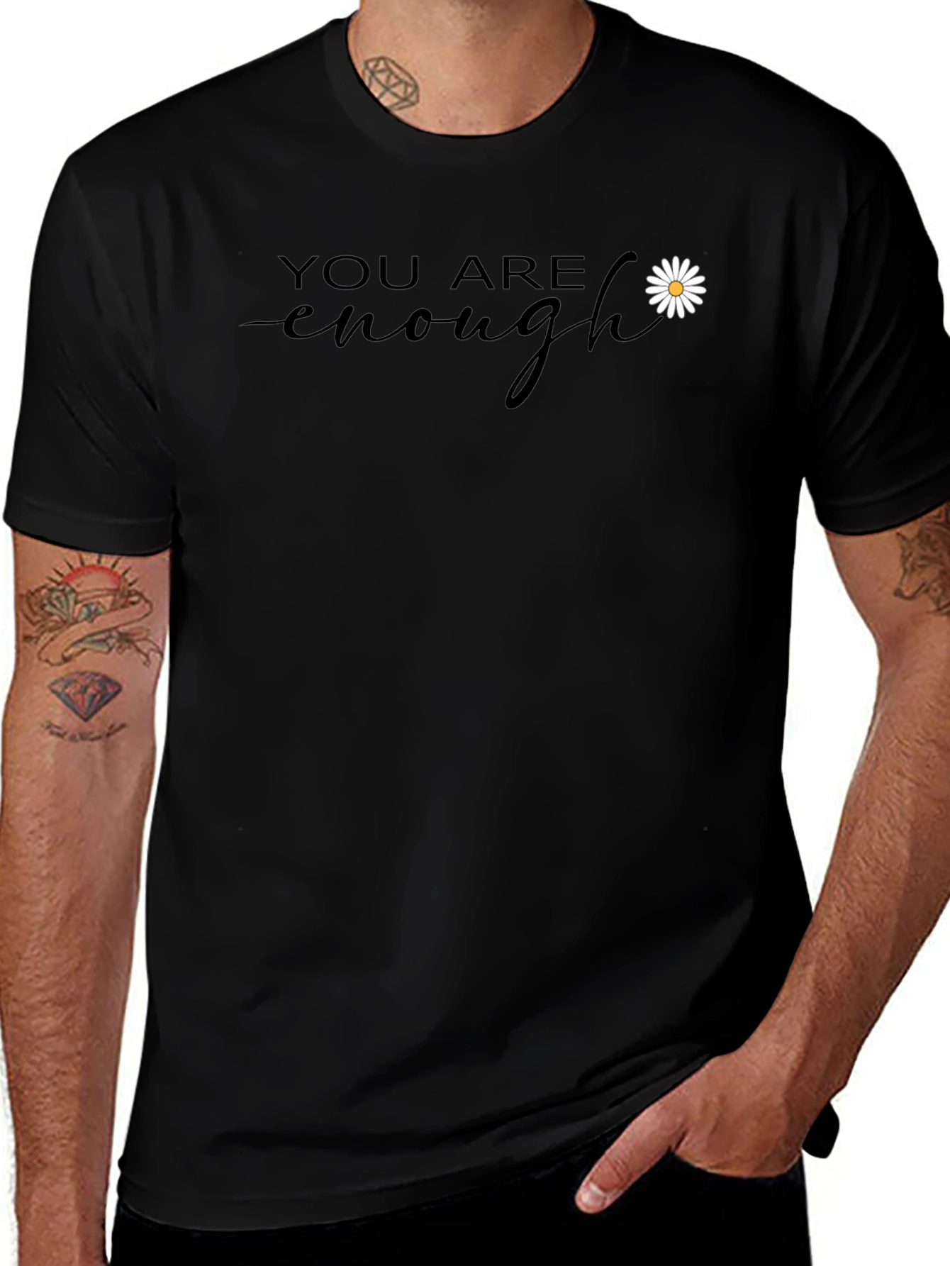 You Are Enough Black T-Shirt with Daisy Accent