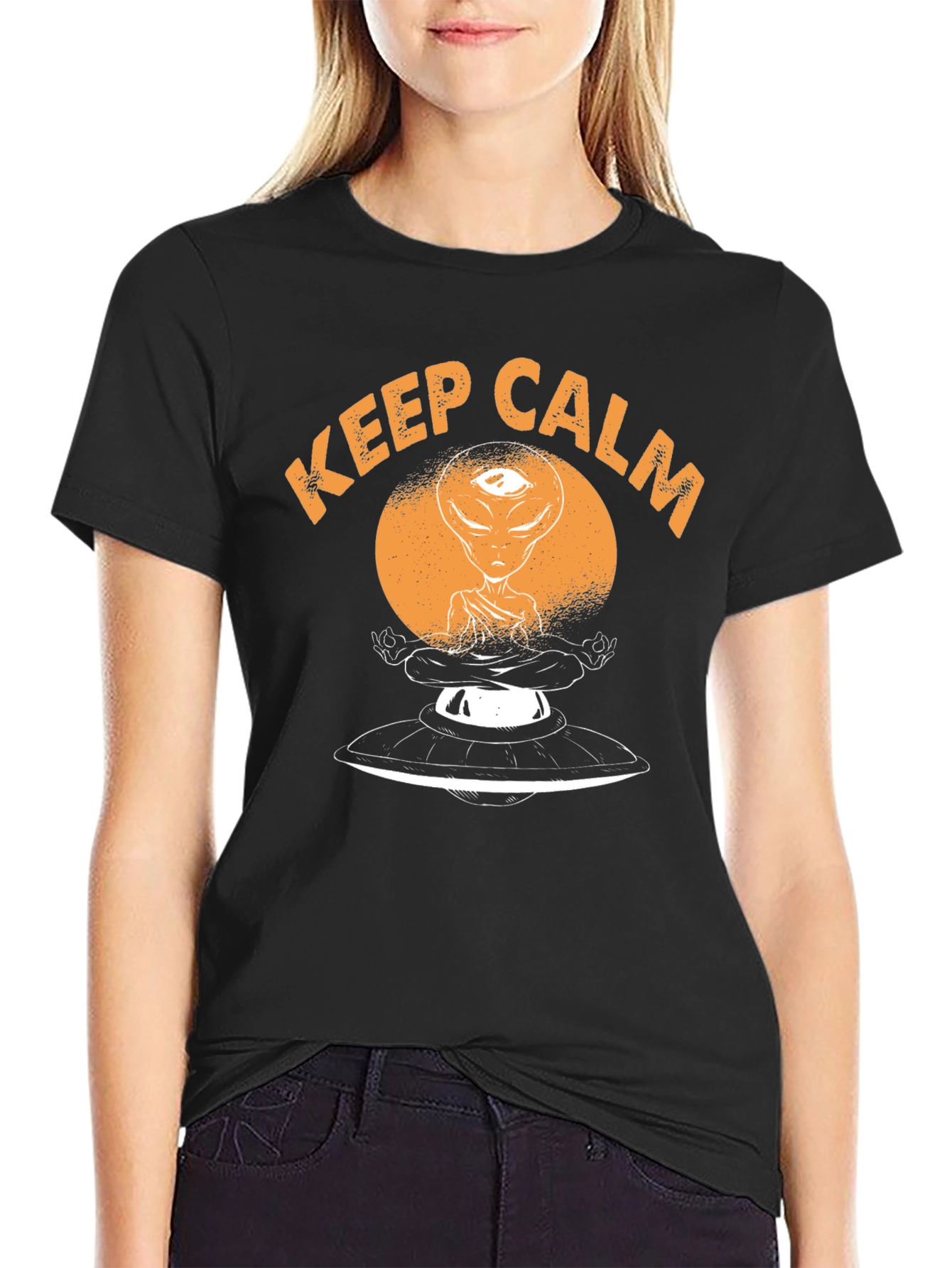 Keep Calm Alien Meditation UFO Black T-Shirt